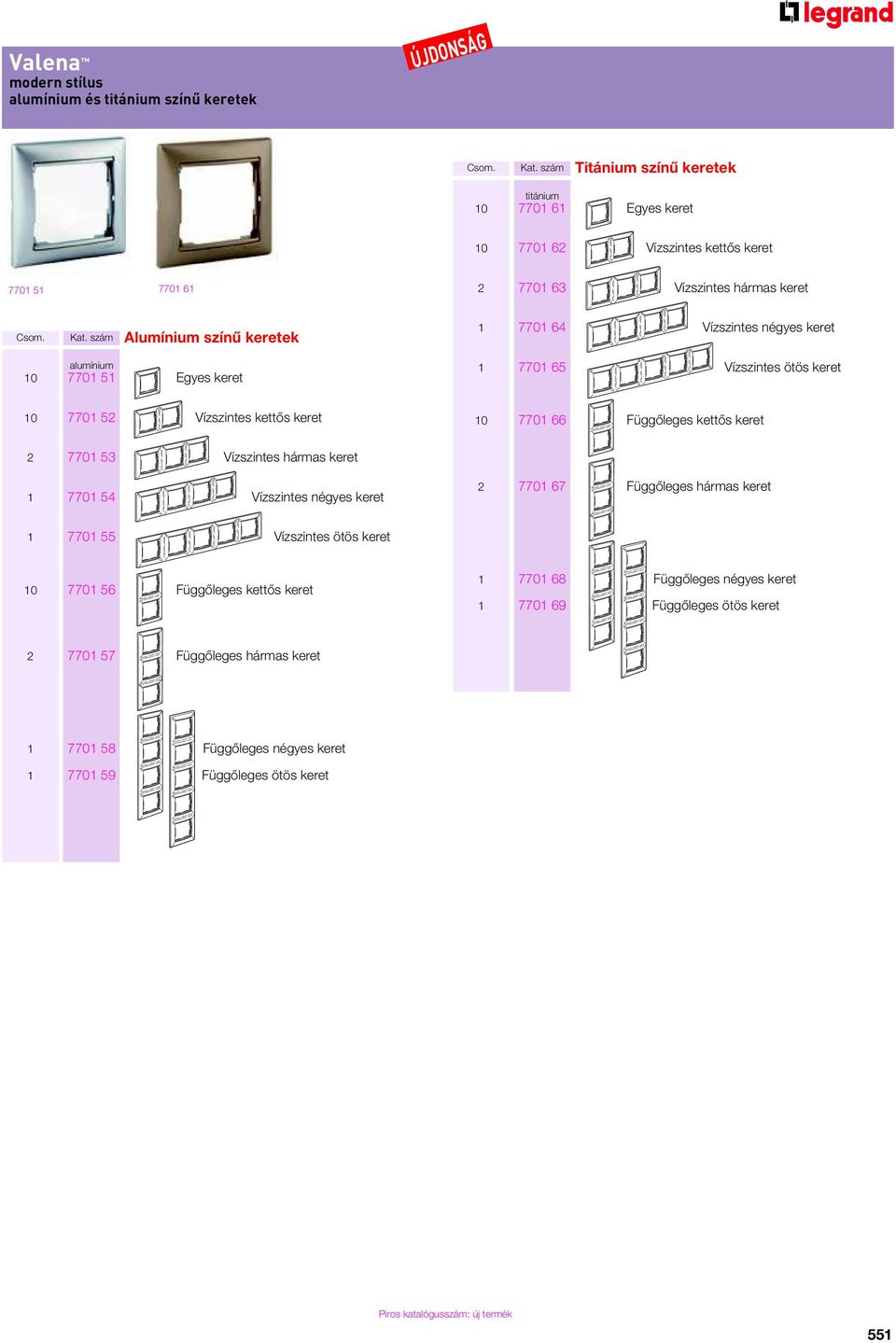 szám színû keretek 1 7701 64 Vízszintes négyes keret alumínium 10 7701 51 Egyes keret 1 7701 65 Vízszintes ötös keret 10 7701 52 Vízszintes kettôs keret 10 7701 66 Függôleges kettôs keret 2