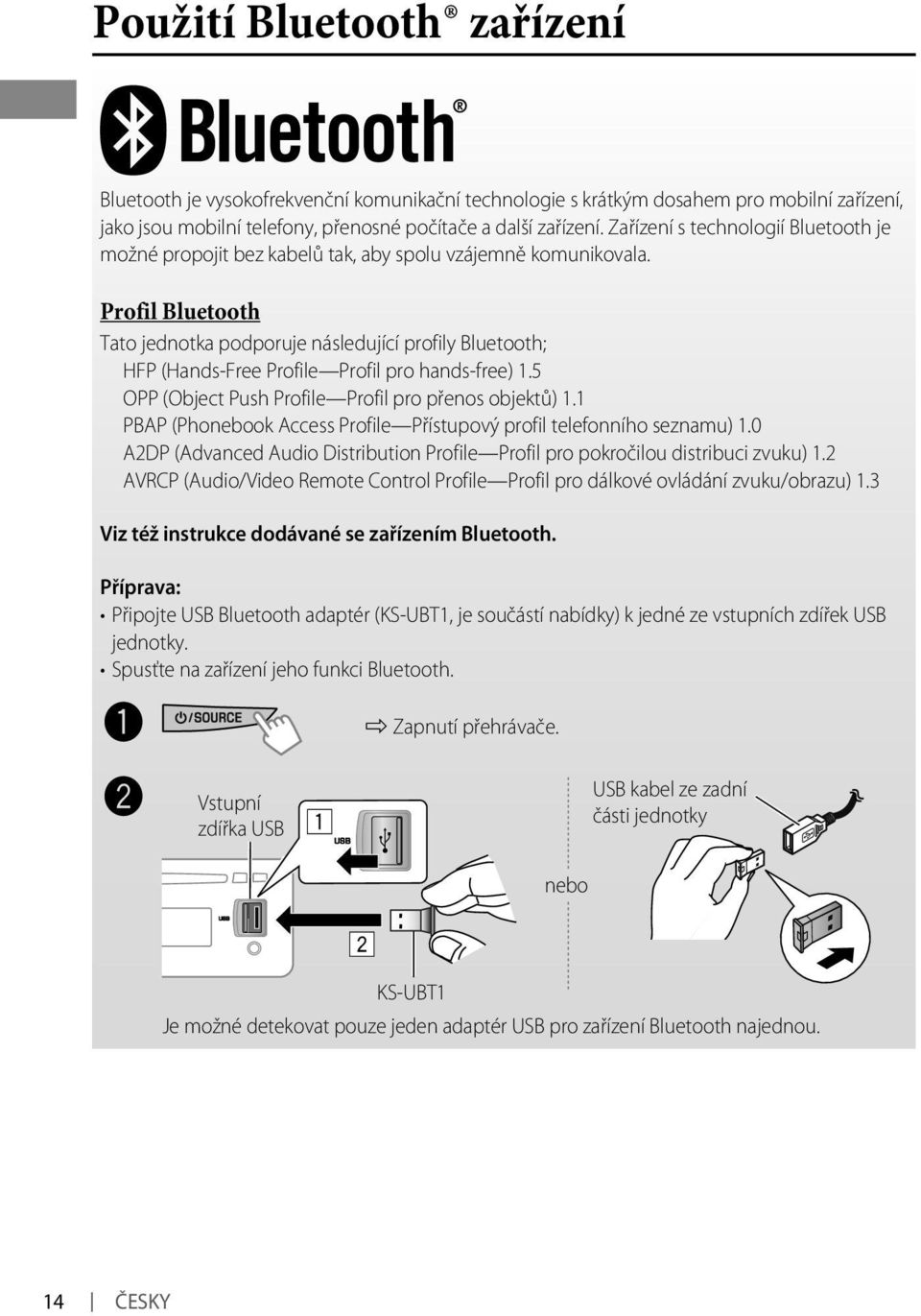 Profil Bluetooth Tato jednotka podporuje následující profily Bluetooth; HFP (Hands-Free Profile Profil pro hands-free) 1.5 OPP (Object Push Profile Profil pro přenos objektů) 1.