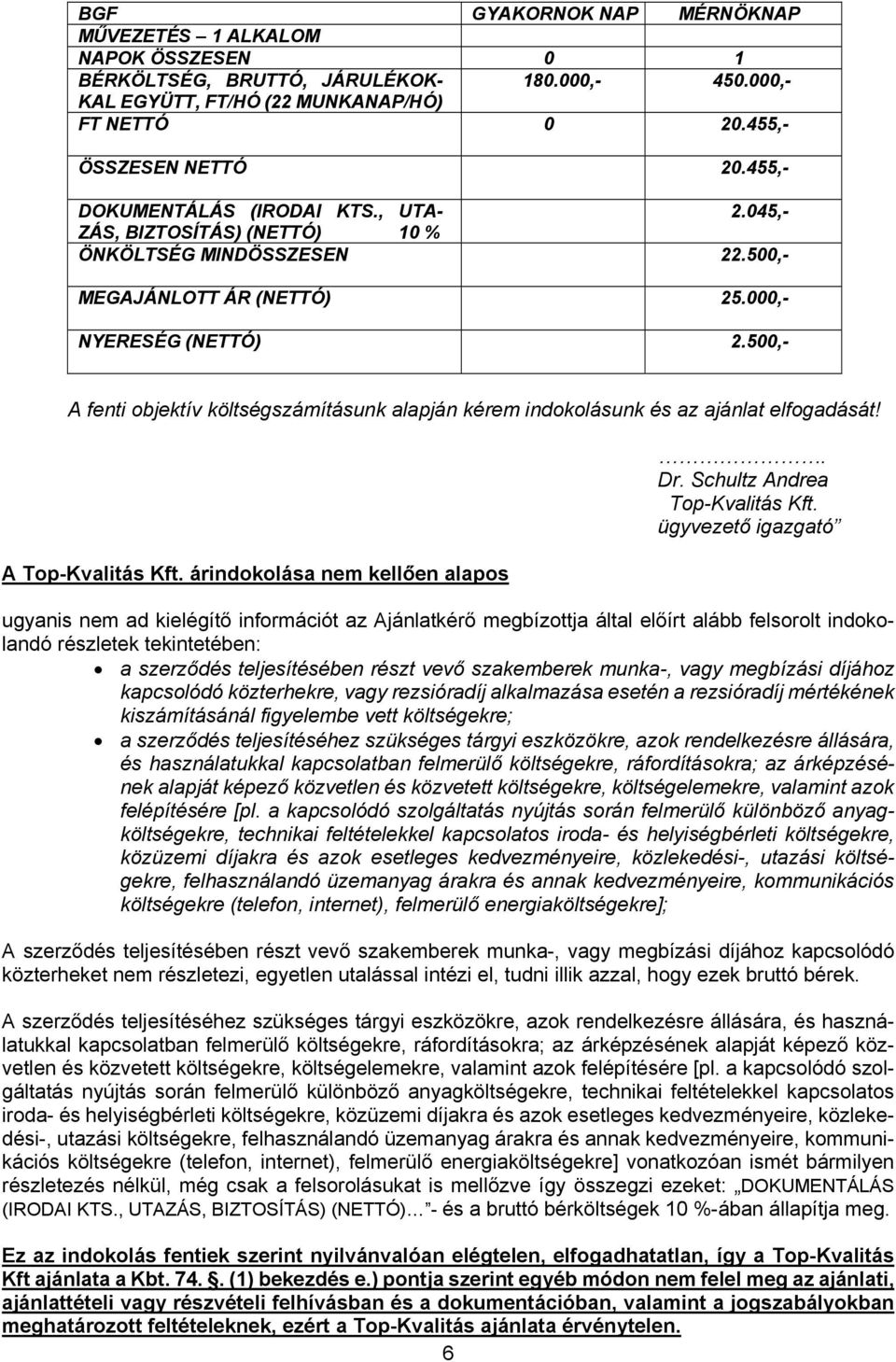 500,- A fenti objektív költségszámításunk alapján kérem indokolásunk és az ajánlat elfogadását! A Top-Kvalitás Kft. árindokolása nem kellően alapos. Dr. Schultz Andrea Top-Kvalitás Kft.
