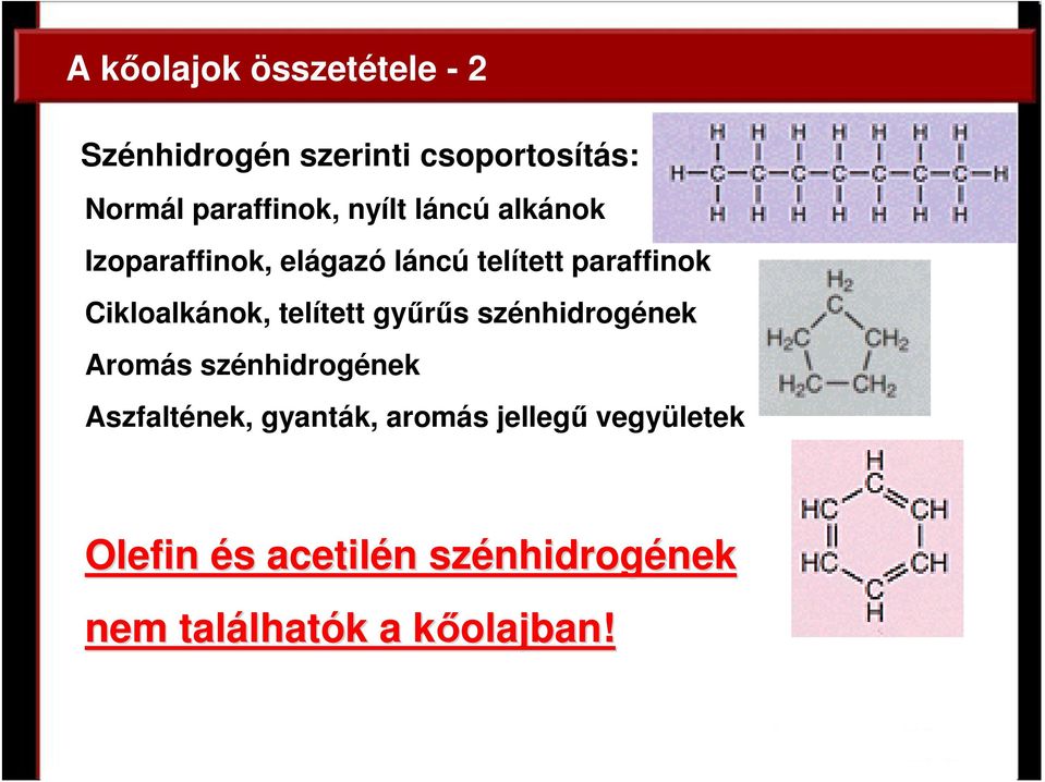 telített győrős szénhidrogének Aromás szénhidrogének Aszfaltének, gyanták, aromás