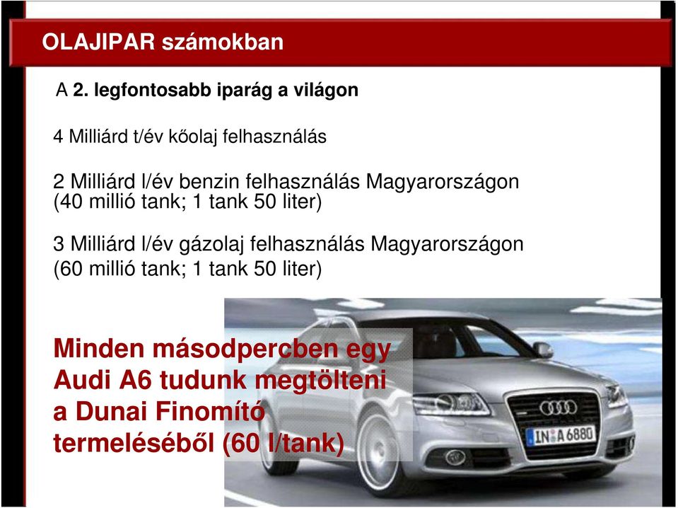 benzin felhasználás Magyarországon (40 millió tank; 1 tank 50 liter) 3 Milliárd l/év