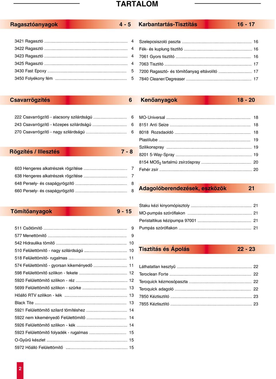 .. 17 Csavarrögzítés 6 Kenôanyagok 18-20 222 Csavarrögzítô - alacsony szilárdságú... 6 243 Csavarrögzítô - közepes szilárdságú... 6 270 Csavarrögzítô - nagy szilárdságú.