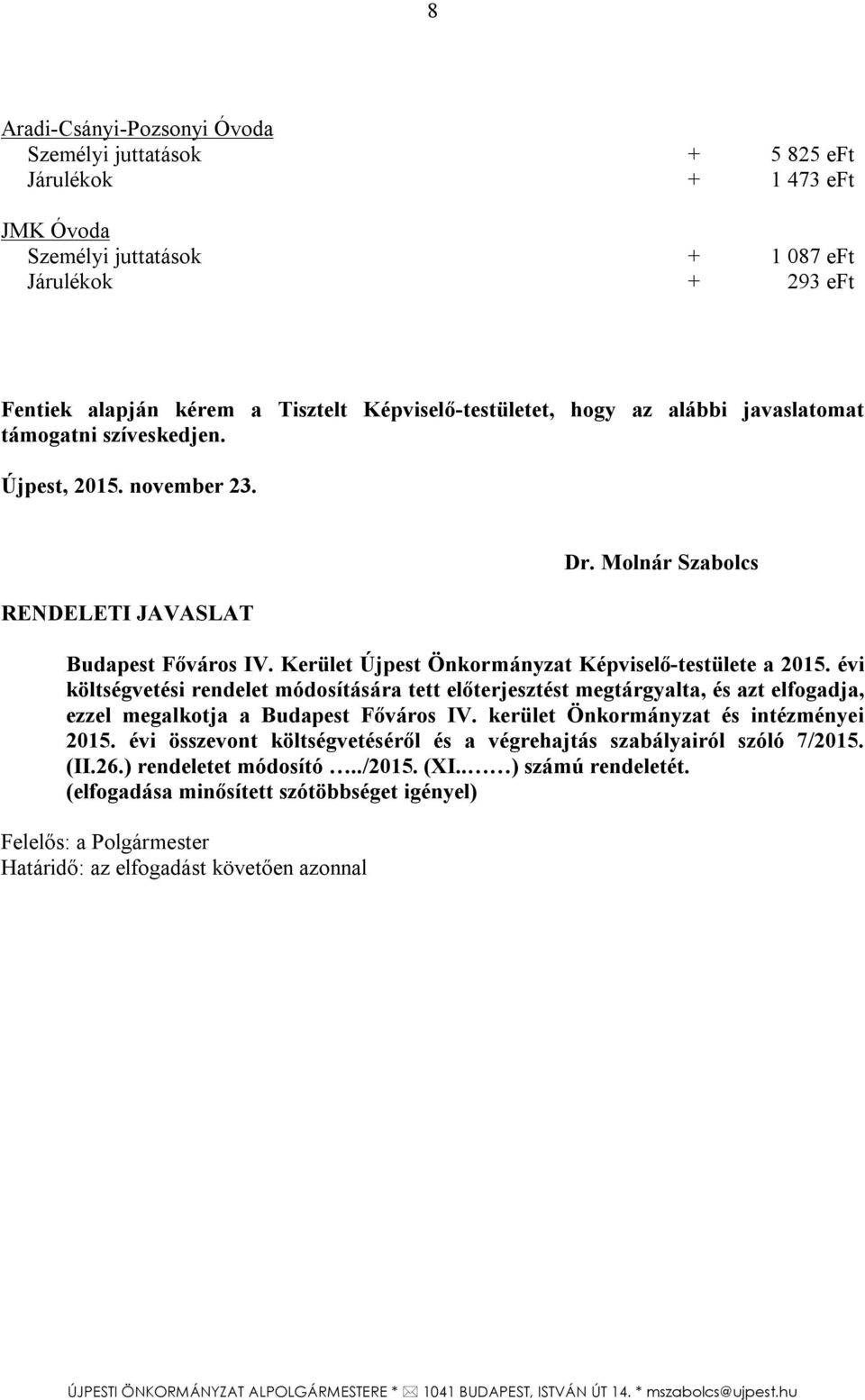 Kerület Újpest Önkormányzat Képviselő-testülete a 2015. évi költségvetési rendelet módosítására tett előterjesztést megtárgyalta, és azt elfogadja, ezzel megalkotja a Budapest Főváros IV.