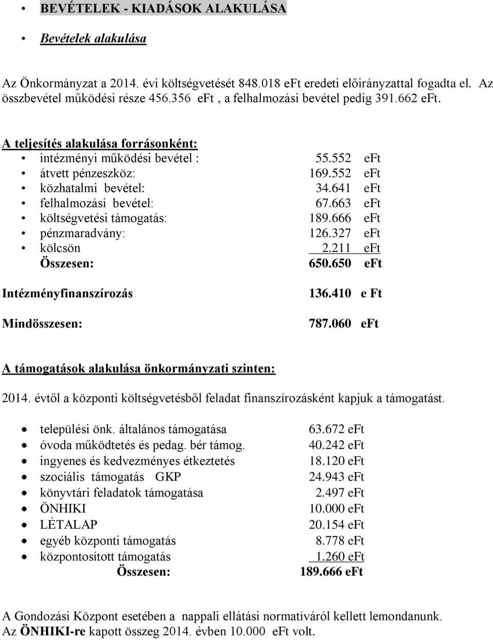 641 eft felhalmozási bevétel: 67.663 eft költségvetési támogatás: 189.666 eft pénzmaradvány: 126.327 eft kölcsön 2.211 eft Összesen: 650.650 eft Intézményfinanszírozás Mindösszesen: 136.410 e Ft 787.