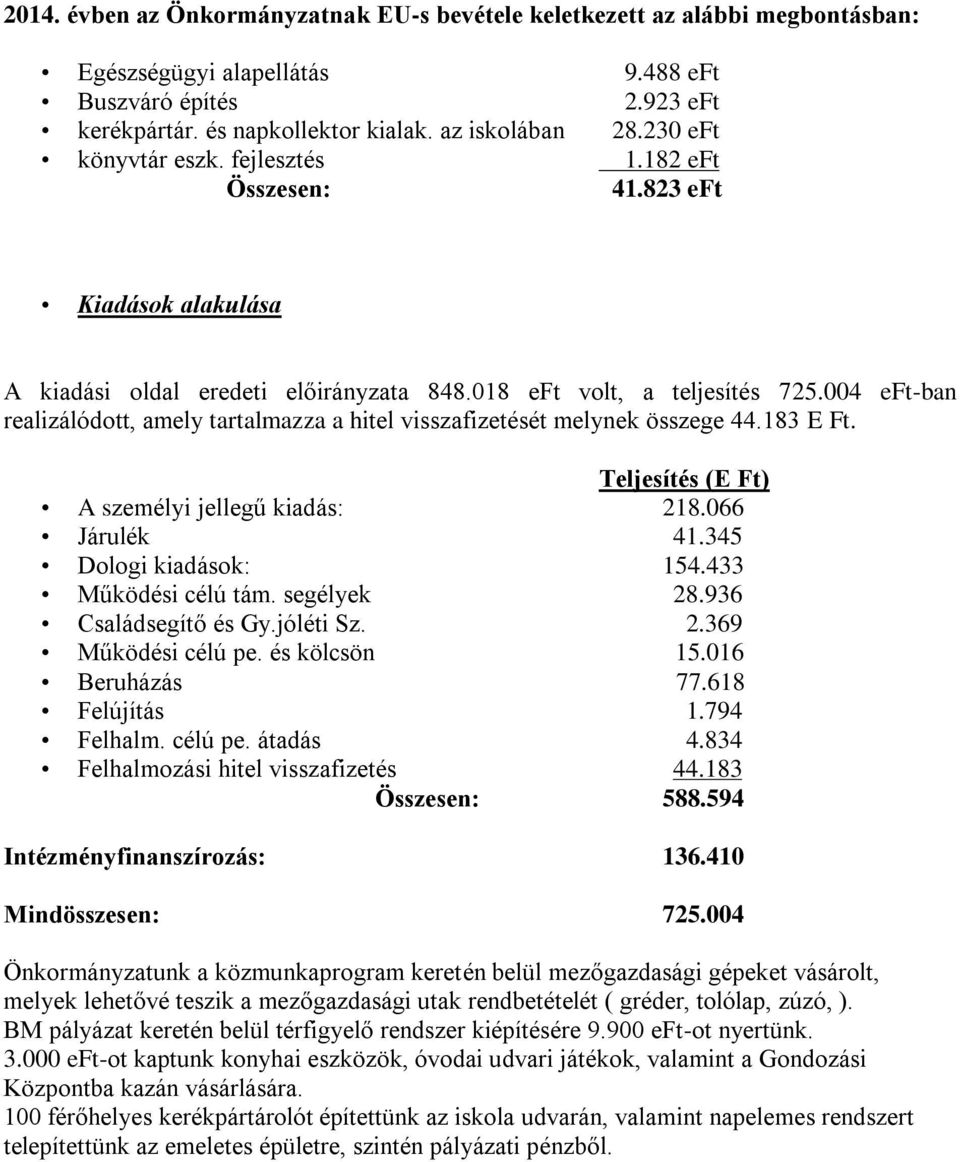 004 eft-ban realizálódott, amely tartalmazza a hitel visszafizetését melynek összege 44.183 E Ft. Teljesítés (E Ft) A személyi jellegű kiadás: 218.066 Járulék 41.345 Dologi kiadások: 154.