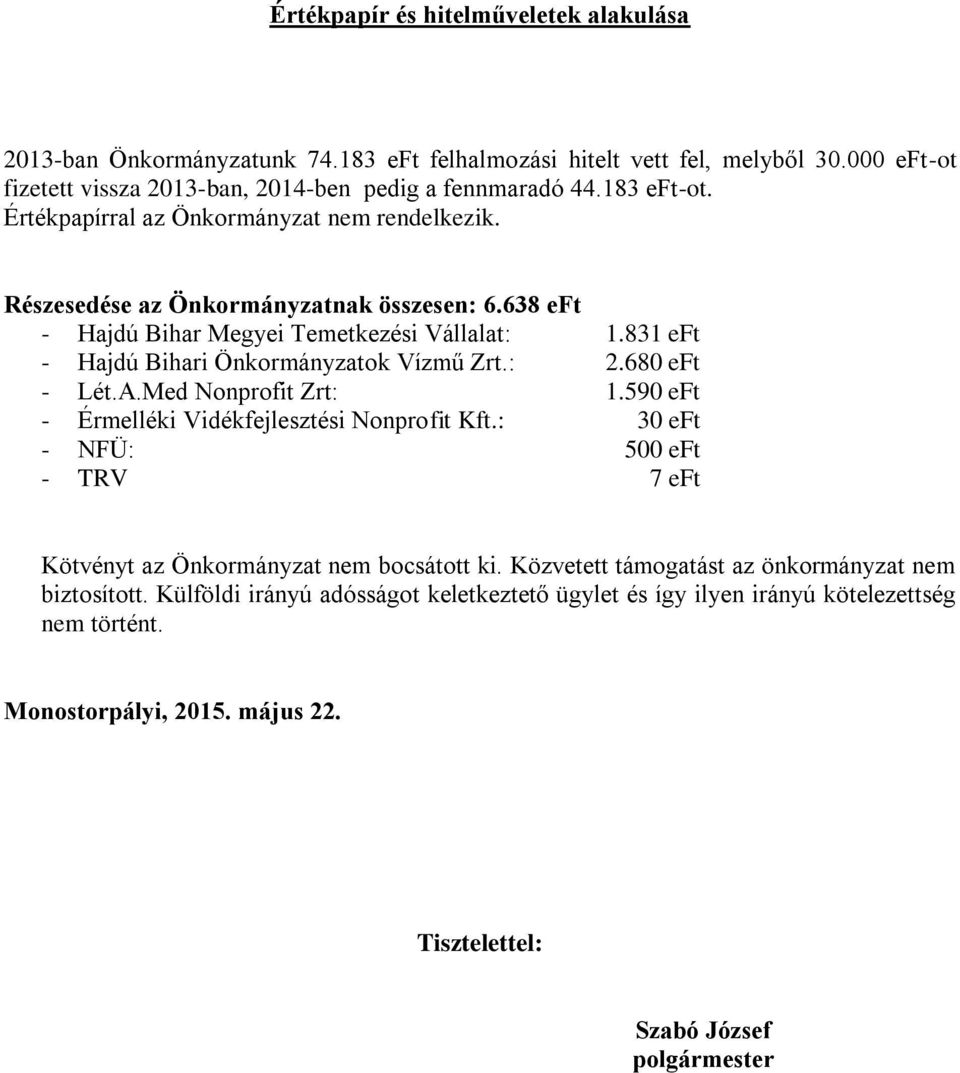 831 eft - Hajdú Bihari Önkormányzatok Vízmű Zrt.: 2.680 eft - Lét.A.Med Nonprofit Zrt: 1.590 eft - Érmelléki Vidékfejlesztési Nonprofit Kft.