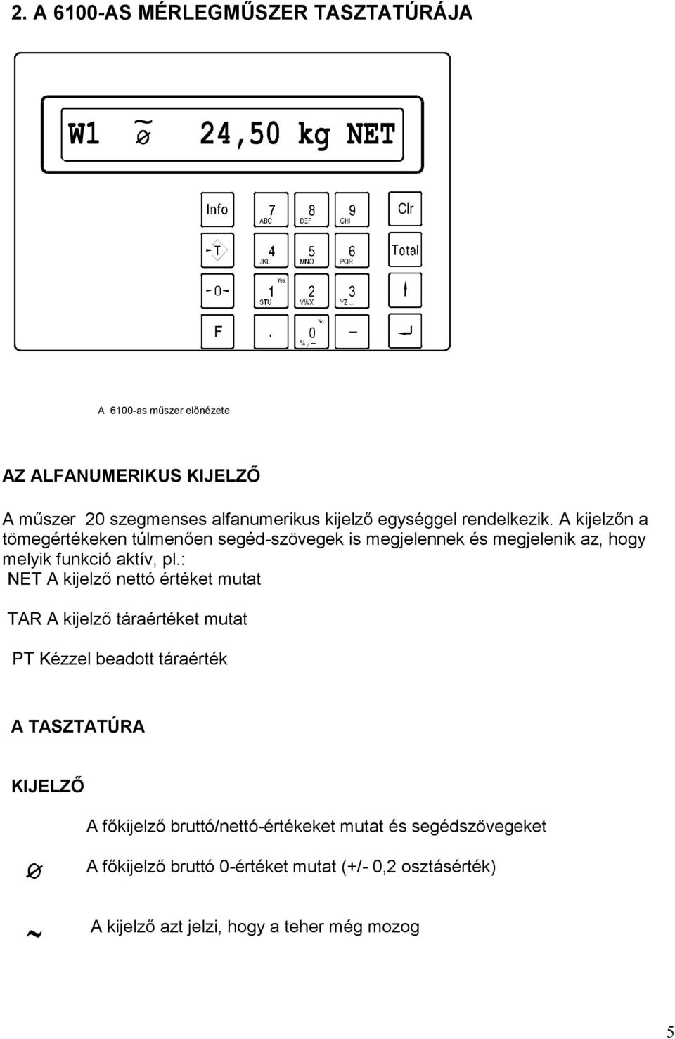 : NET A kijelző nettó értéket mutat TAR A kijelző táraértéket mutat PT Kézzel beadott táraérték A TASZTATÚRA KIJELZŐ A főkijelző