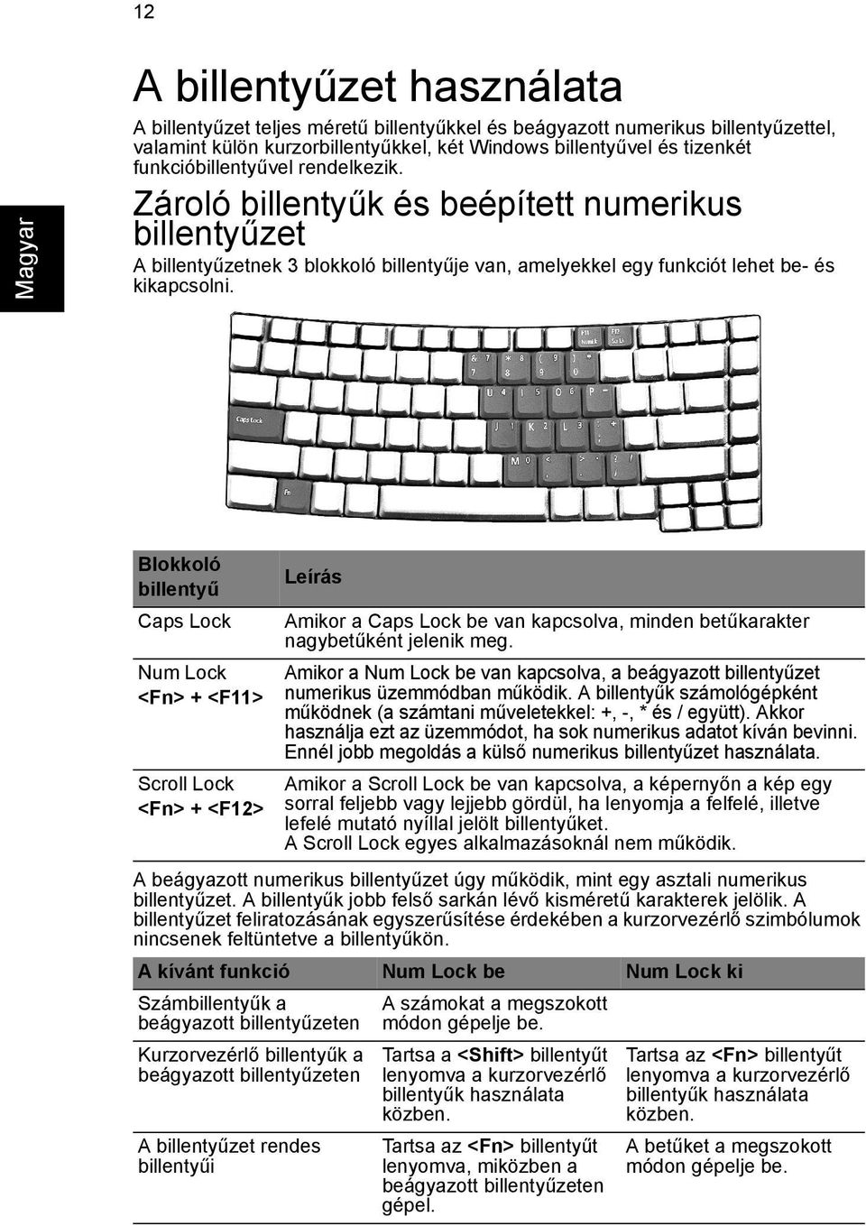 Blokkoló billentyű Caps Lock Num Lock <Fn> + <F11> Scroll Lock <Fn> + <F12> Leírás Amikor a Caps Lock be van kapcsolva, minden betűkarakter nagybetűként jelenik meg.