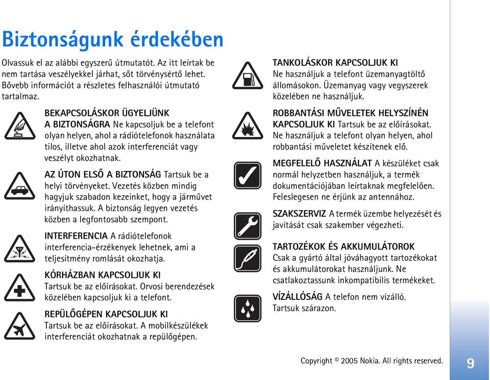 BEKAPCSOLÁSKOR ÜGYELJÜNK A BIZTONSÁGRA Ne kapcsoljuk be a telefont olyan helyen, ahol a rádiótelefonok használata tilos, illetve ahol azok interferenciát vagy veszélyt okozhatnak.