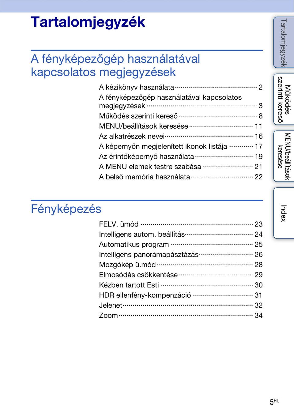 testre szabása 21 A belső memória használata 22 Fényképezés FELV. ümód 23 Intelligens autom.