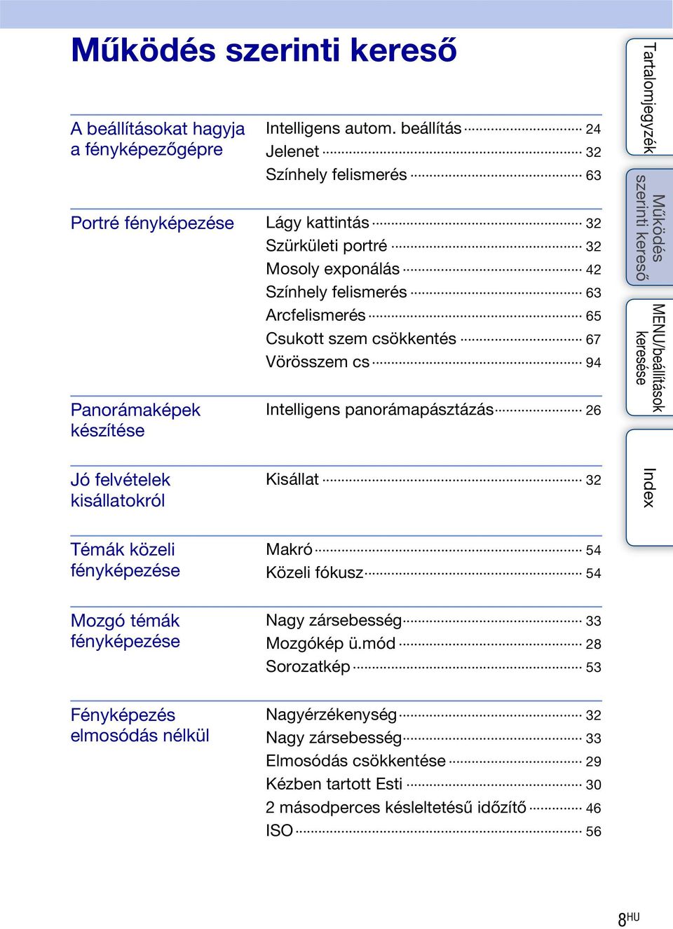 65 Csukott szem csökkentés 67 Vörösszem cs 94 Panorámaképek készítése Intelligens panorámapásztázás 26 Jó felvételek kisállatokról Kisállat 32 Témák közeli