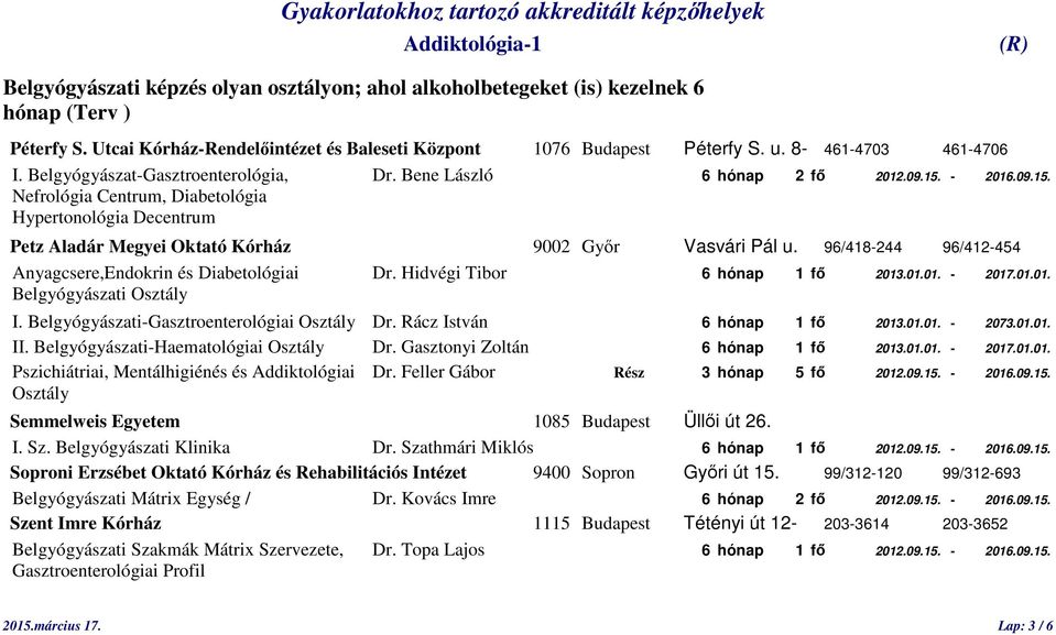 Hidvégi Tibor 6 hónap 1 fő 2013.01.01. - 2017.01.01. Belgyógyászati I. Belgyógyászati-Gasztroenterológiai Dr. Rácz István 6 hónap 1 fő 2013.01.01. - 2073.01.01. II. Belgyógyászati-Haematológiai Dr.