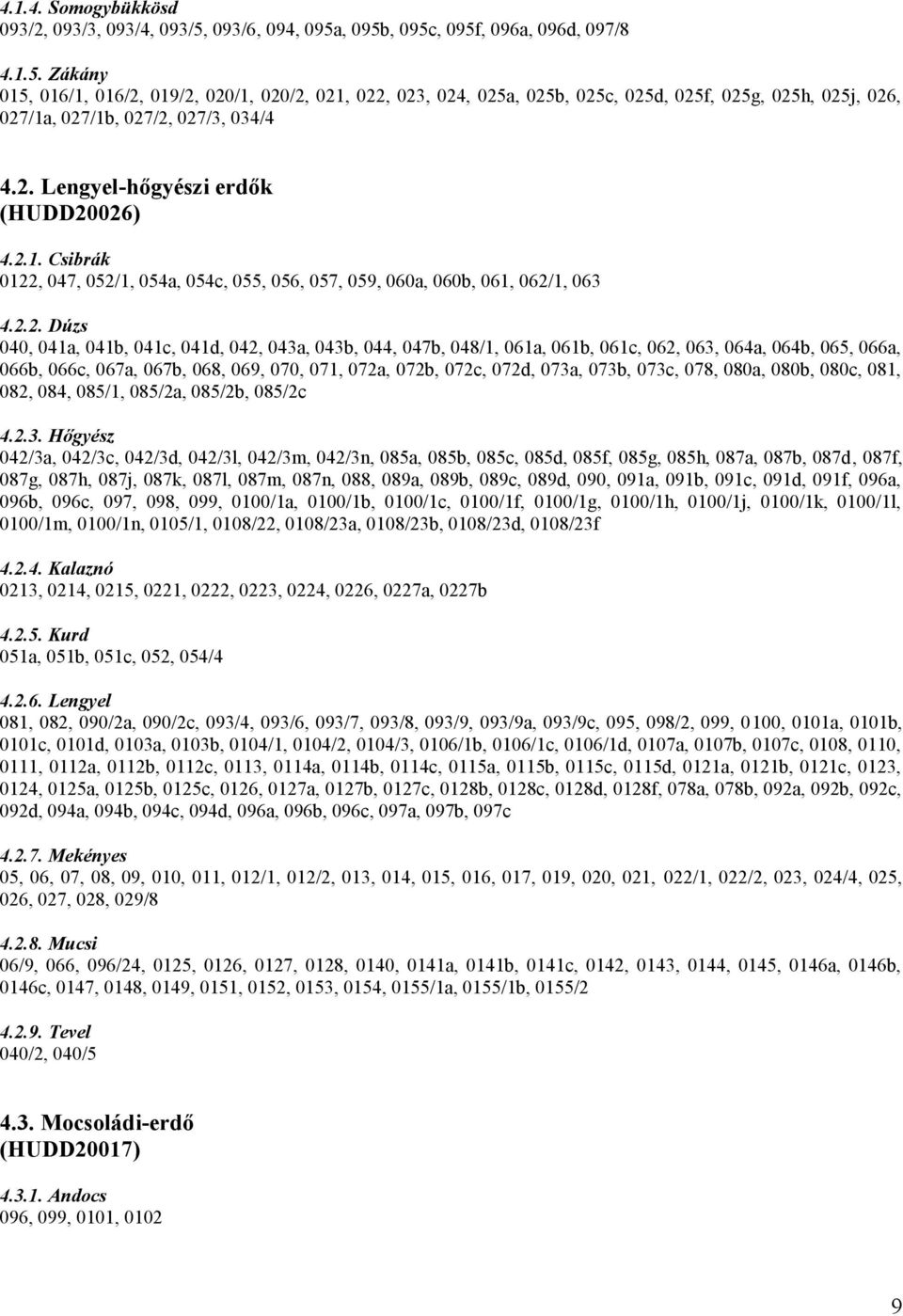 2. Lengyel-hőgyészi erdők (HUDD20026) 4.2.1. Csibrák 0122, 047, 052/1, 054a, 054c, 055, 056, 057, 059, 060a, 060b, 061, 062/1, 063 4.2.2. Dúzs 040, 041a, 041b, 041c, 041d, 042, 043a, 043b, 044, 047b,