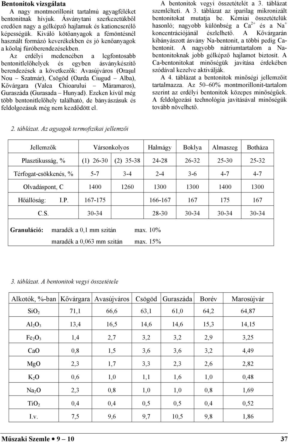 Az erdélyi medencében a legfontosabb bentonitlelőhelyek és egyben ásványkészítő berendezések a következők: Avasújváros (Oraşul Nou Szatmár), Csögöd (Oarda Ciugud Alba), Kővárgara (Valea Chioarului