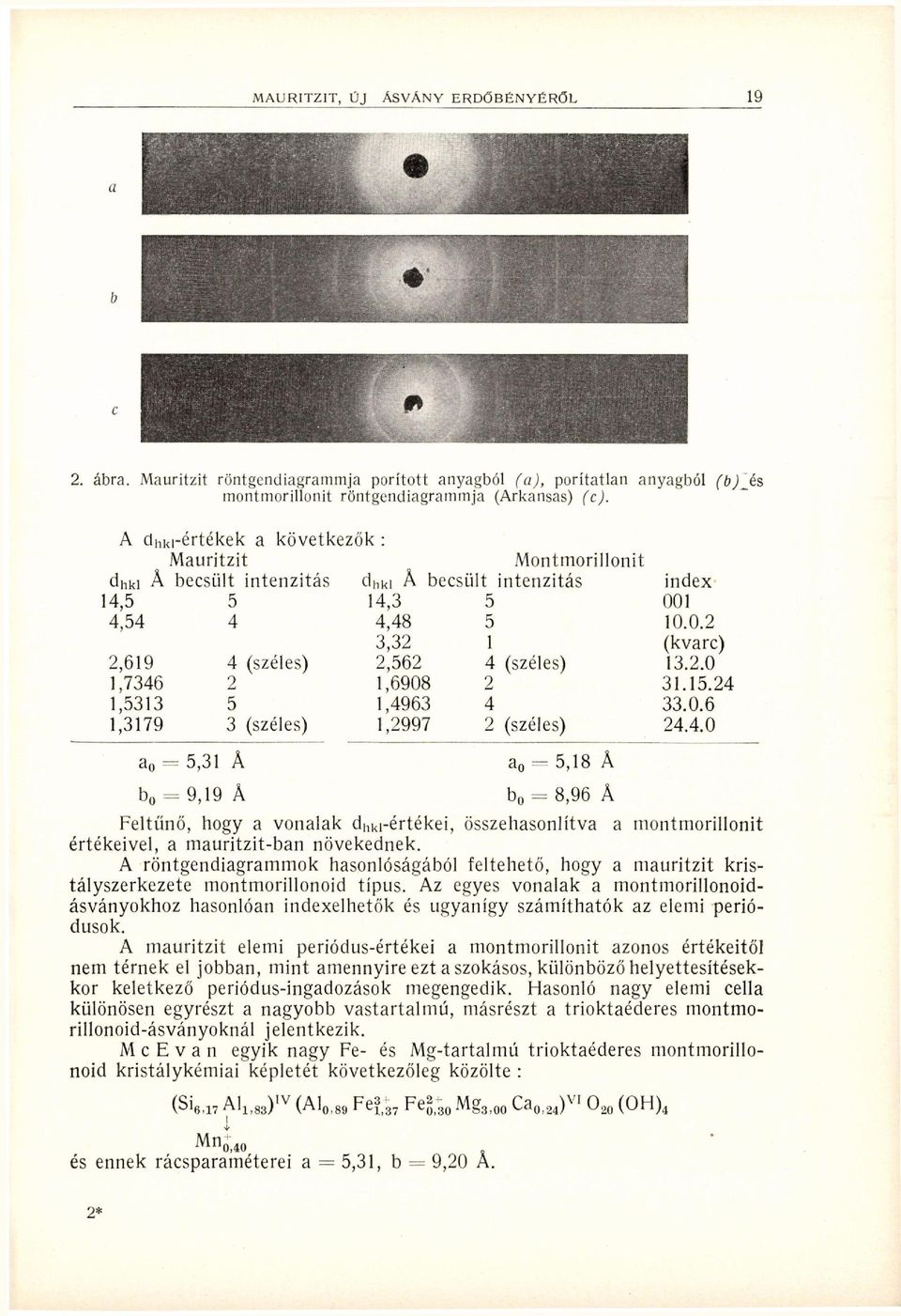 .0 1,746 1,6908 1.15.4 1,51 5 1,496 4.0.6 1,179 (széles) 1,997 (széles) 4.4.0 a 0 = 5,1 Â b 0 = 9,19 A a 0 = 5,18 Â b = 8,96 Â Feltűnő, hogy a vonalak d nk i-értékei, összehasonlítva a montmorillonit értékeivel, a mauritzit-ban növekednek.