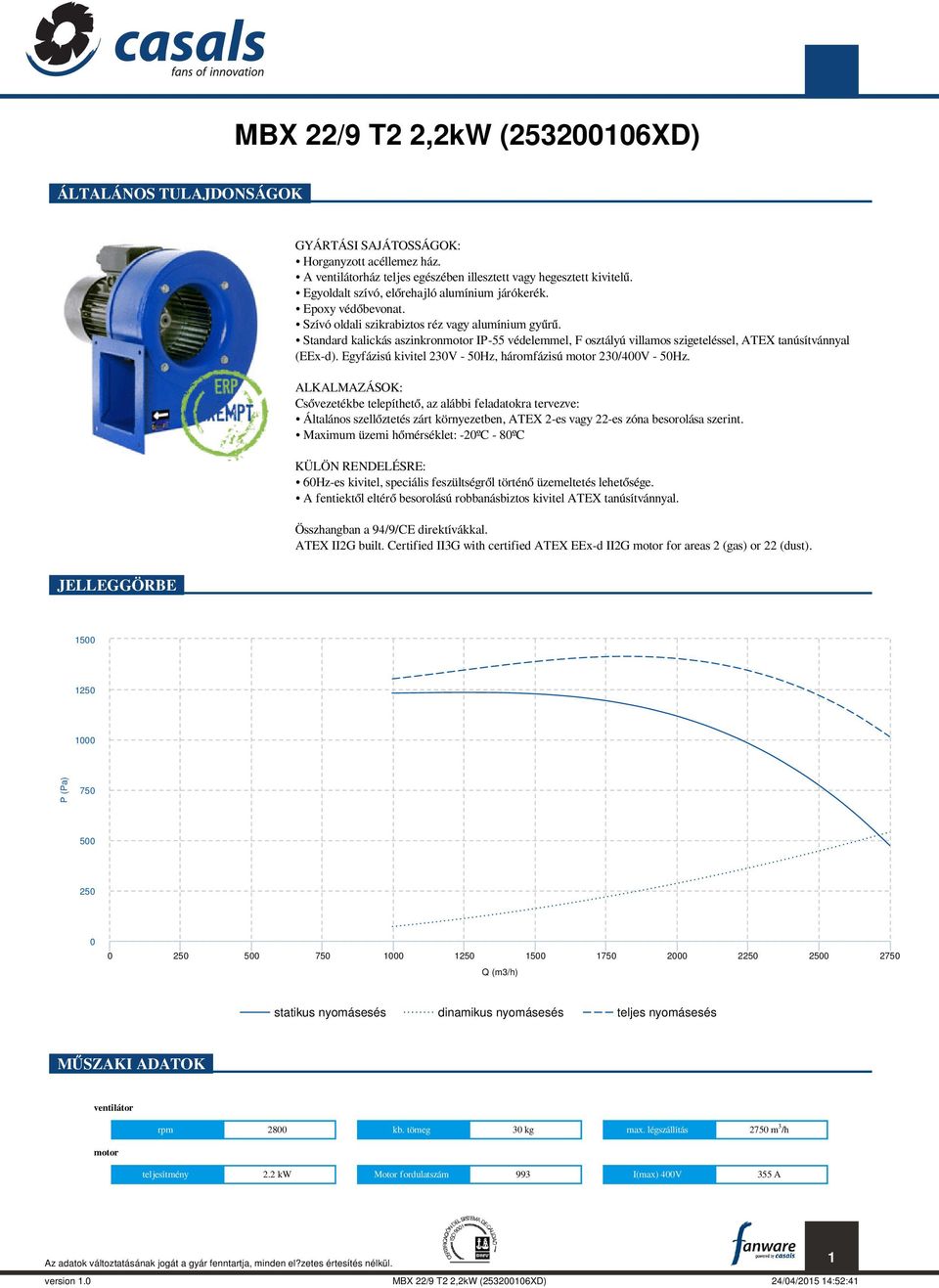 Standard kalickás aszinkronmotor IP-55 védelemmel, F osztályú villamos szigeteléssel, ATEX tanúsítvánnyal (EEx-d). Egyfázisú kivitel 230V - 50Hz, háromfázisú motor 230/400V - 50Hz.