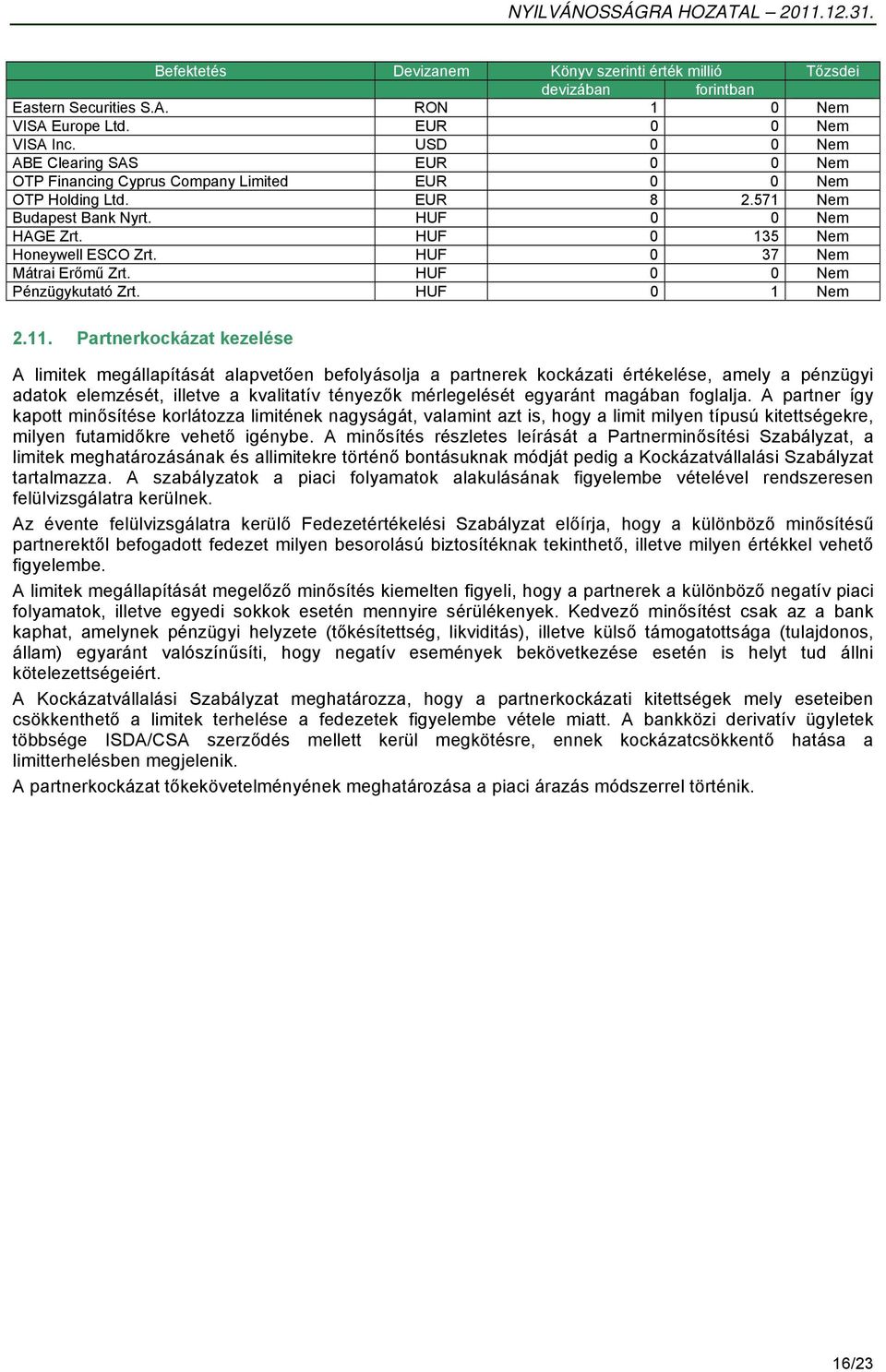 HUF 0 37 Nem Mátrai Erőmű Zrt. HUF 0 0 Nem Pénzügykutató Zrt. HUF 0 1 Nem 2.11.
