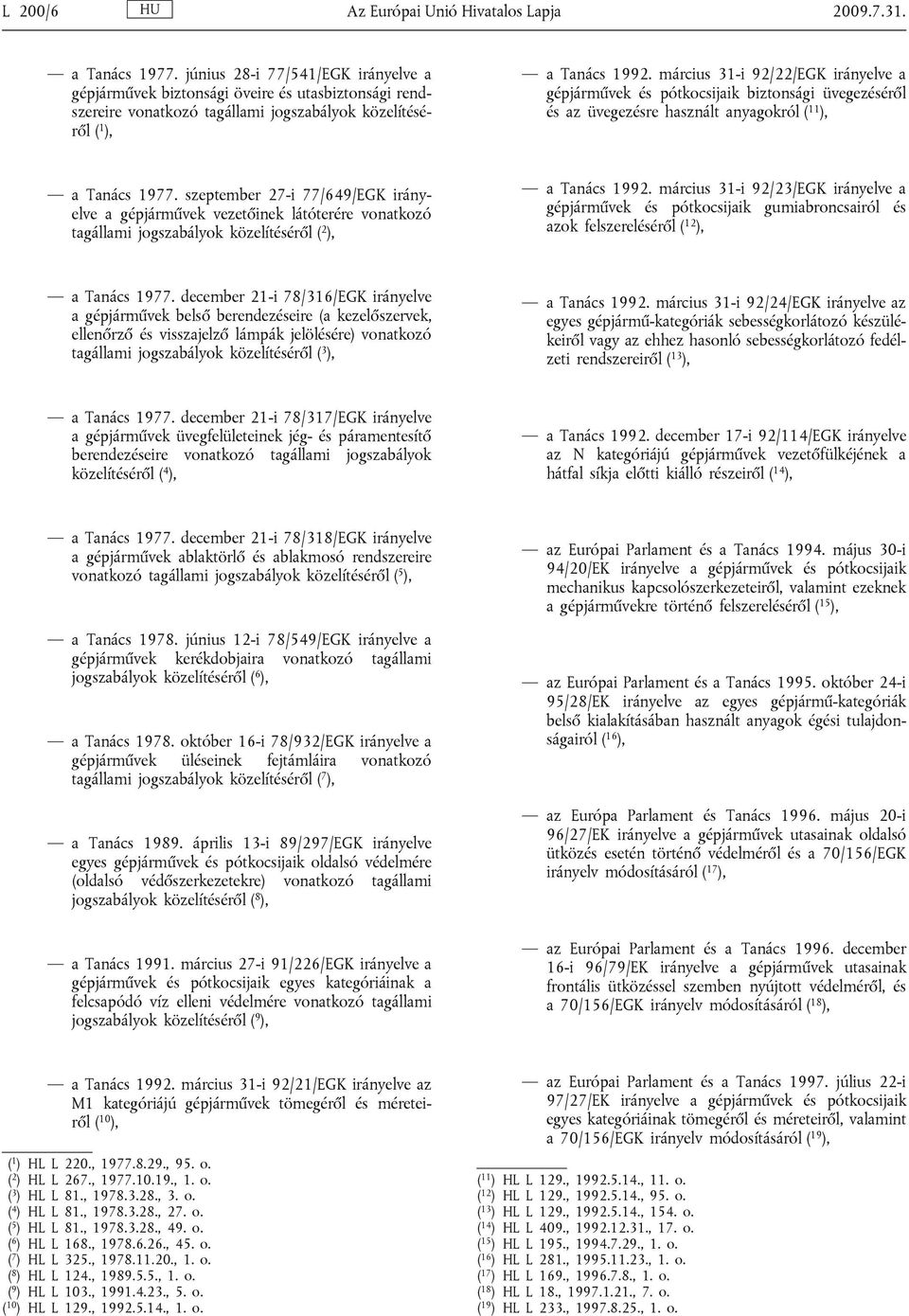 március 31-i 92/22/EGK irányelve a gépjárművek és pótkocsijaik biztonsági üvegezéséről és az üvegezésre használt anyagokról ( 11 ), a Tanács 1977.