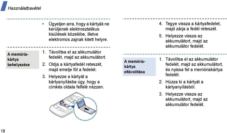 Helyezze a kártyát a kártyanyílásba úgy, hogy a címkés oldala felfelé nézzen. A memóriakártya eltávolítása 4. Tegye vissza a kártyafedelet, majd zárja a fedél reteszét. 5.