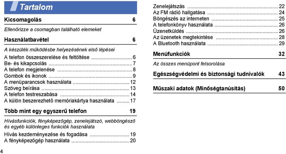 ..17 Több mint egy egyszerű telefon 19 Hívásfunkciók, fényképezőgép, zenelejátszó, webböngésző és egyéb különleges funkciók használata Hívás kezdeményezése és fogadása... 19 A fényképezőgép használata.