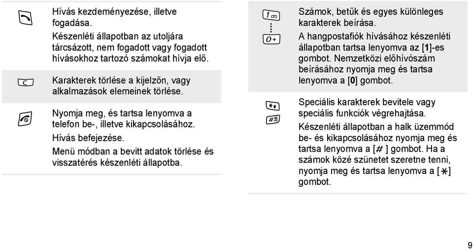 Menü módban a bevitt adatok törlése és visszatérés készenléti állapotba. Számok, betűk és egyes különleges karakterek beírása.