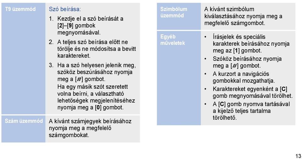 A kívánt számjegyek beírásához nyomja meg a megfelelő számgombokat. Szimbólum üzemmód Egyéb műveletek A kívánt szimbólum kiválasztásához nyomja meg a megfelelő számgombot.