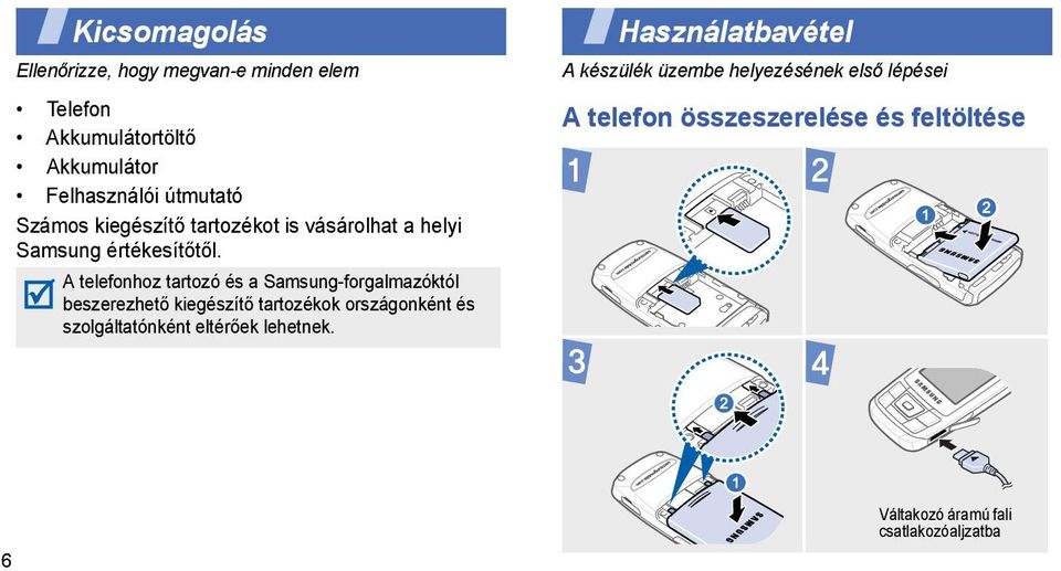 A telefonhoz tartozó és a Samsung-forgalmazóktól beszerezhető kiegészítő tartozékok országonként és