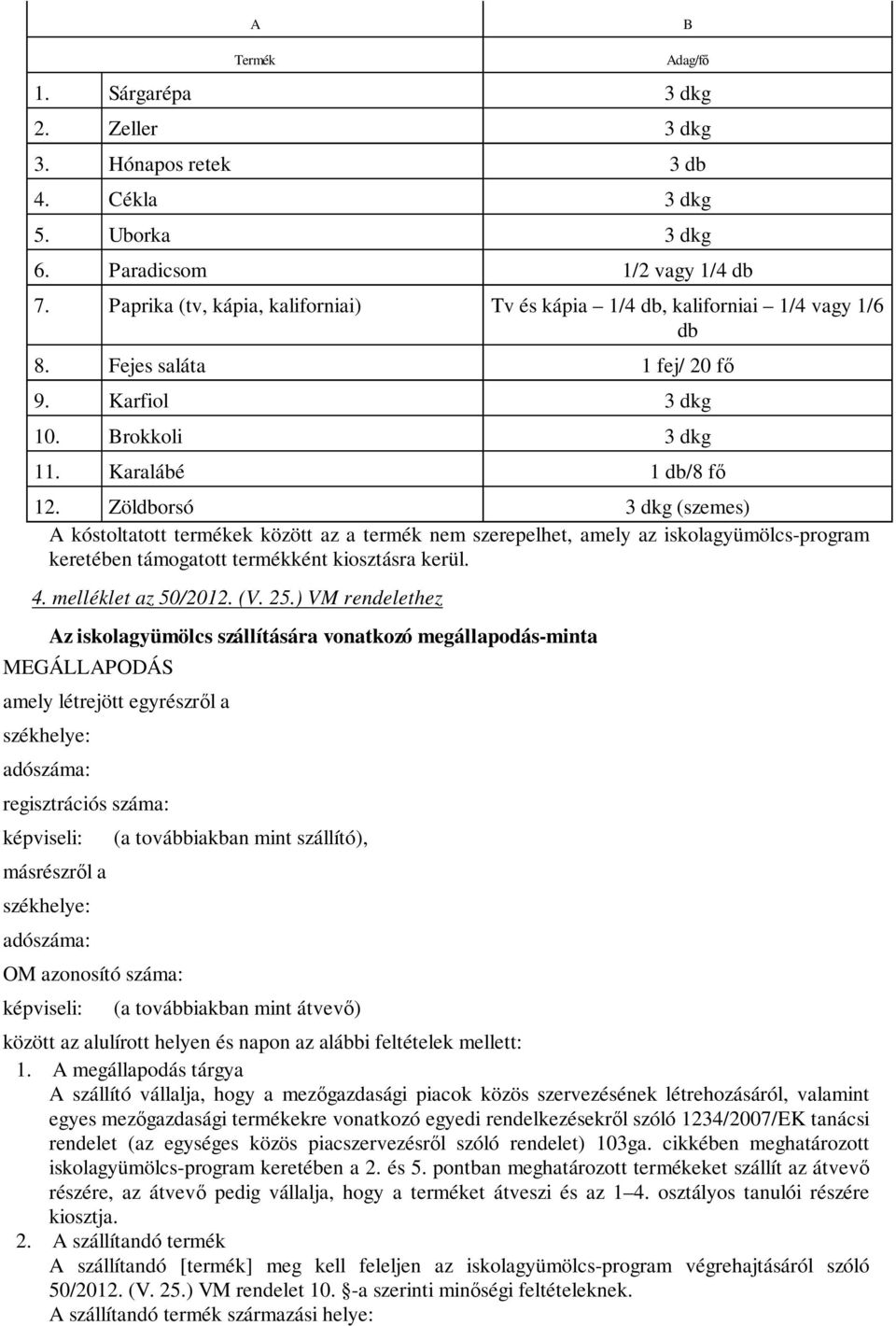 Zöldborsó 3 dkg (szemes) A kóstoltatott termékek között az a termék nem szerepelhet, amely az iskolagyümölcs-program keretében támogatott termékként kiosztásra kerül. 4. melléklet az 50/2012. (V. 25.