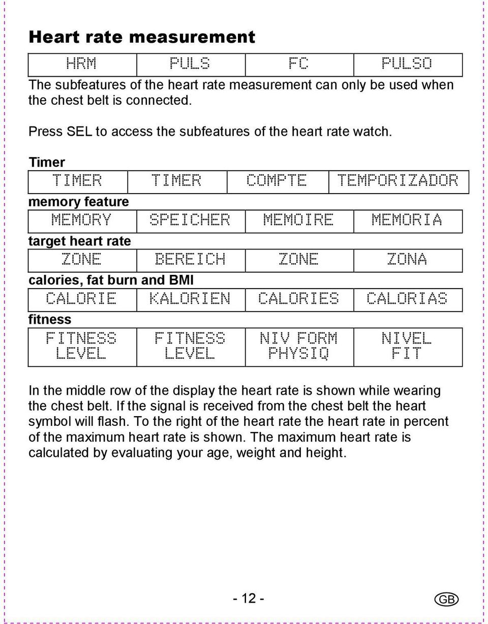 FITNESS LEVEL FITNESS LEVEL NIV FORM PHYSIQ NIVEL FIT In the middle row of the display the heart rate is shown while wearing the chest belt.