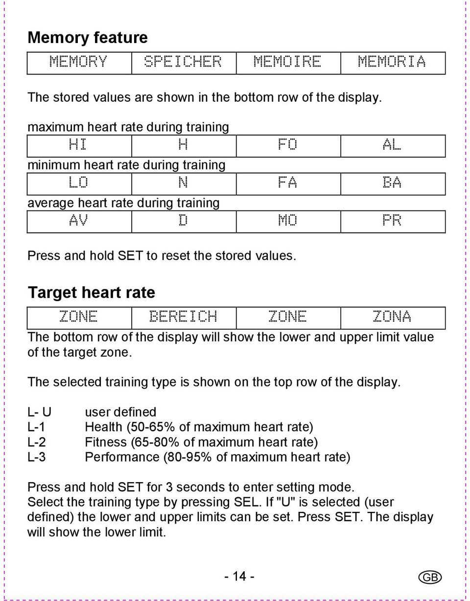 Target heart rate ZONE BEREICH ZONE ZONA The bottom row of the display will show the lower and upper limit value of the target zone. The selected training type is shown on the top row of the display.