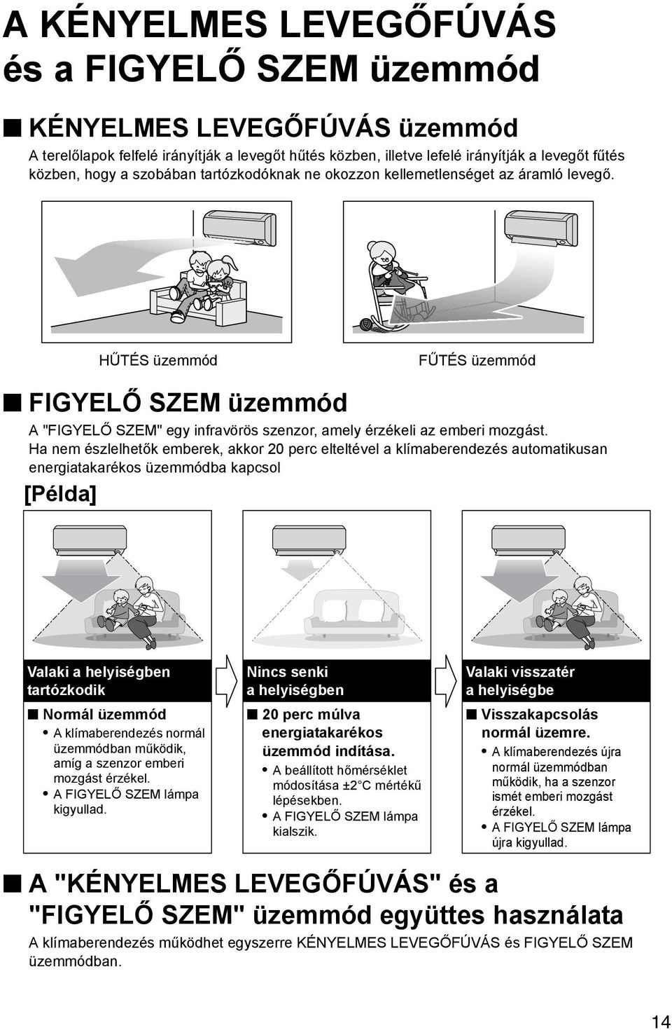 Ha nem észlelhetők emberek, akkor 20 perc elteltével a klímaberendezés automatikusan energiatakarékos üzemmódba kapcsol [Példa] Valaki a helyiségben tartózkodik Normál üzemmód A klímaberendezés