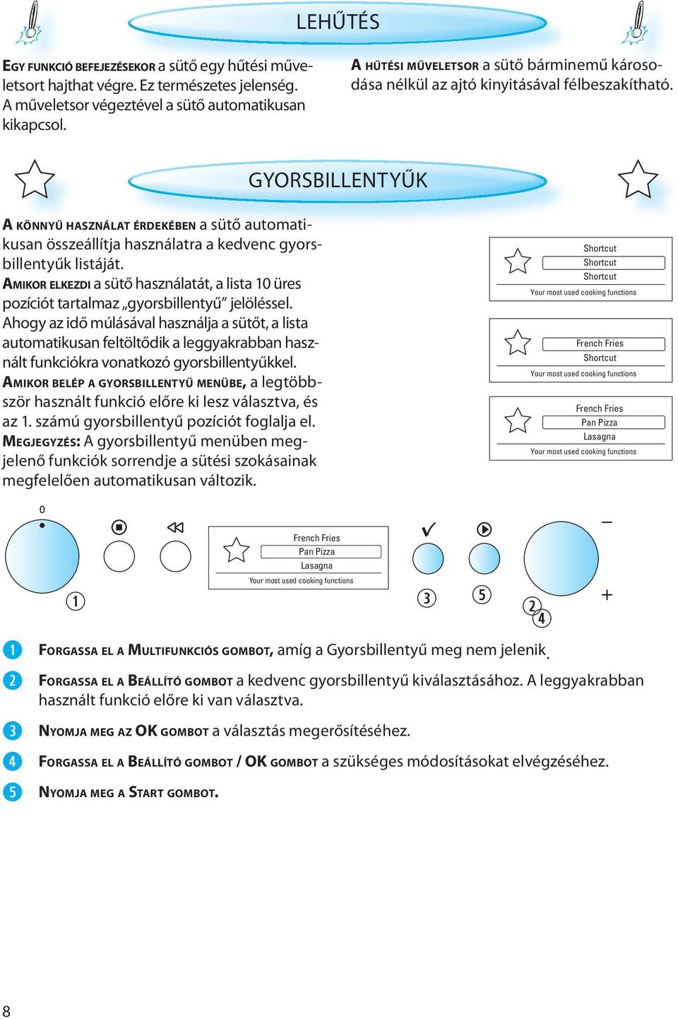 GYORSBILLENTYŰK A KÖNNYŰ HASZNÁLAT ÉRDEKÉBEN a sütő automatikusan összeállítja használatra a kedvenc gyorsbillentyűk listáját.