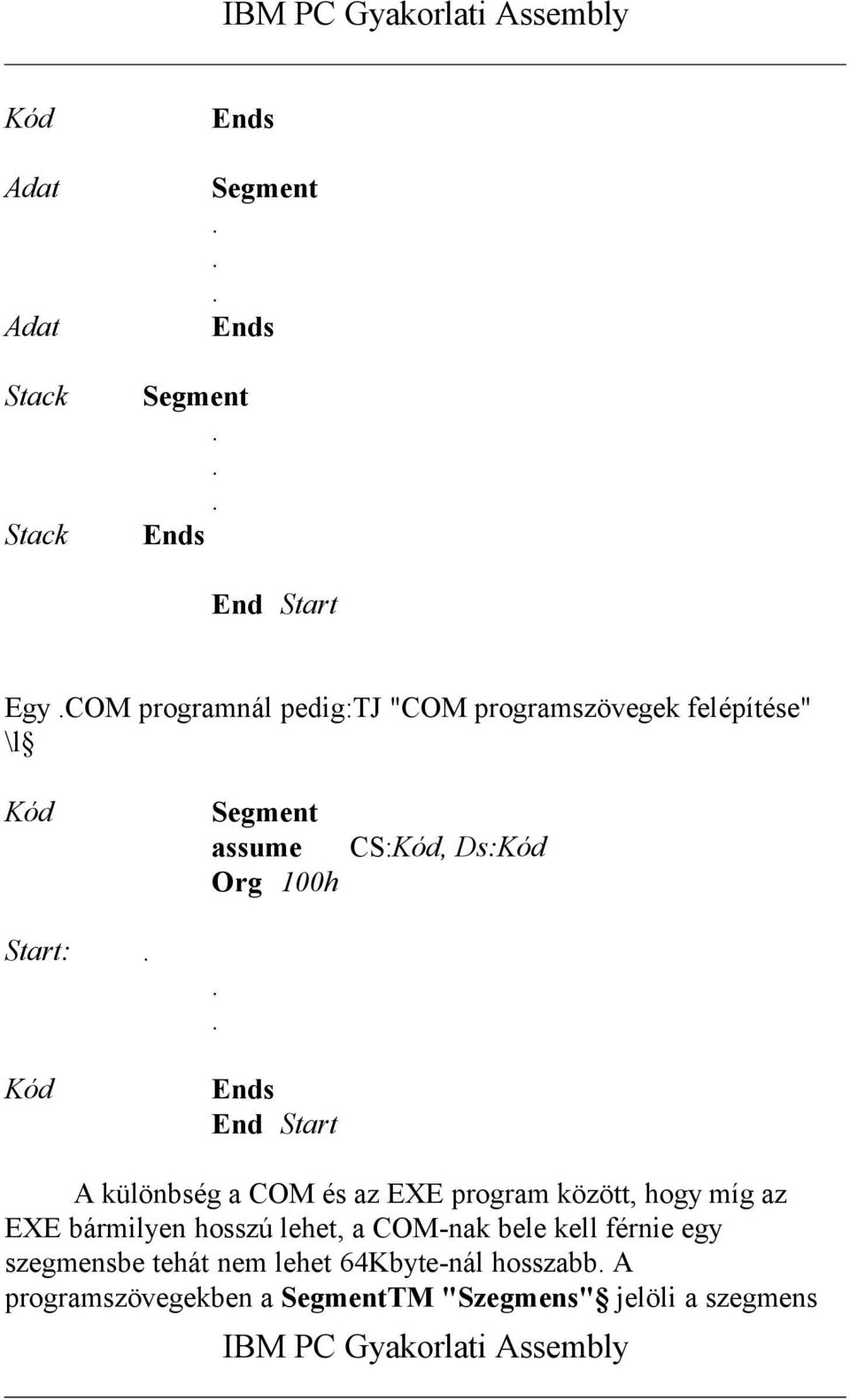 . Ends End Start CS:Kód, Ds:Kód A különbség a COM és az EXE program között, hogy míg az EXE bármilyen hosszú lehet, a