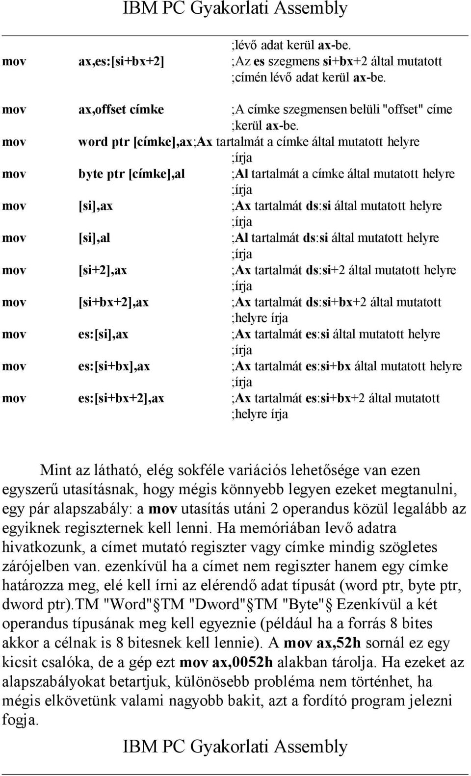 mov word ptr [címke],ax;ax tartalmát a címke által mutatott helyre ;írja mov byte ptr [címke],al ;Al tartalmát a címke által mutatott helyre ;írja mov [si],ax ;Ax tartalmát ds:si által mutatott