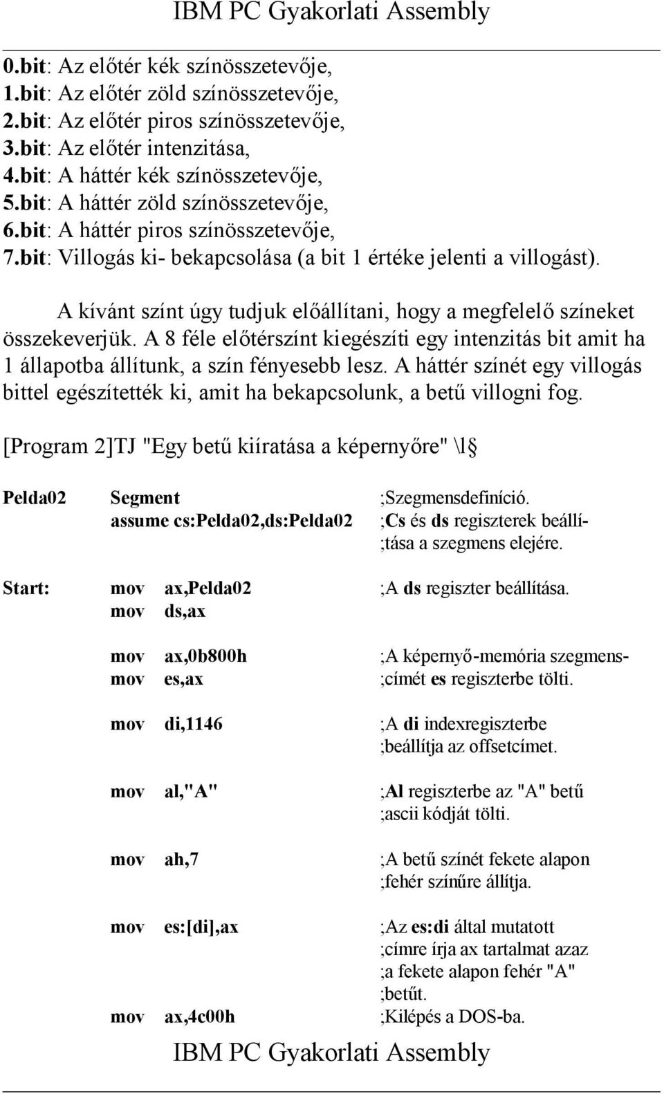 A kívánt színt úgy tudjuk előállítani, hogy a megfelelő színeket összekeverjük. A 8 féle előtérszínt kiegészíti egy intenzitás bit amit ha 1 állapotba állítunk, a szín fényesebb lesz.