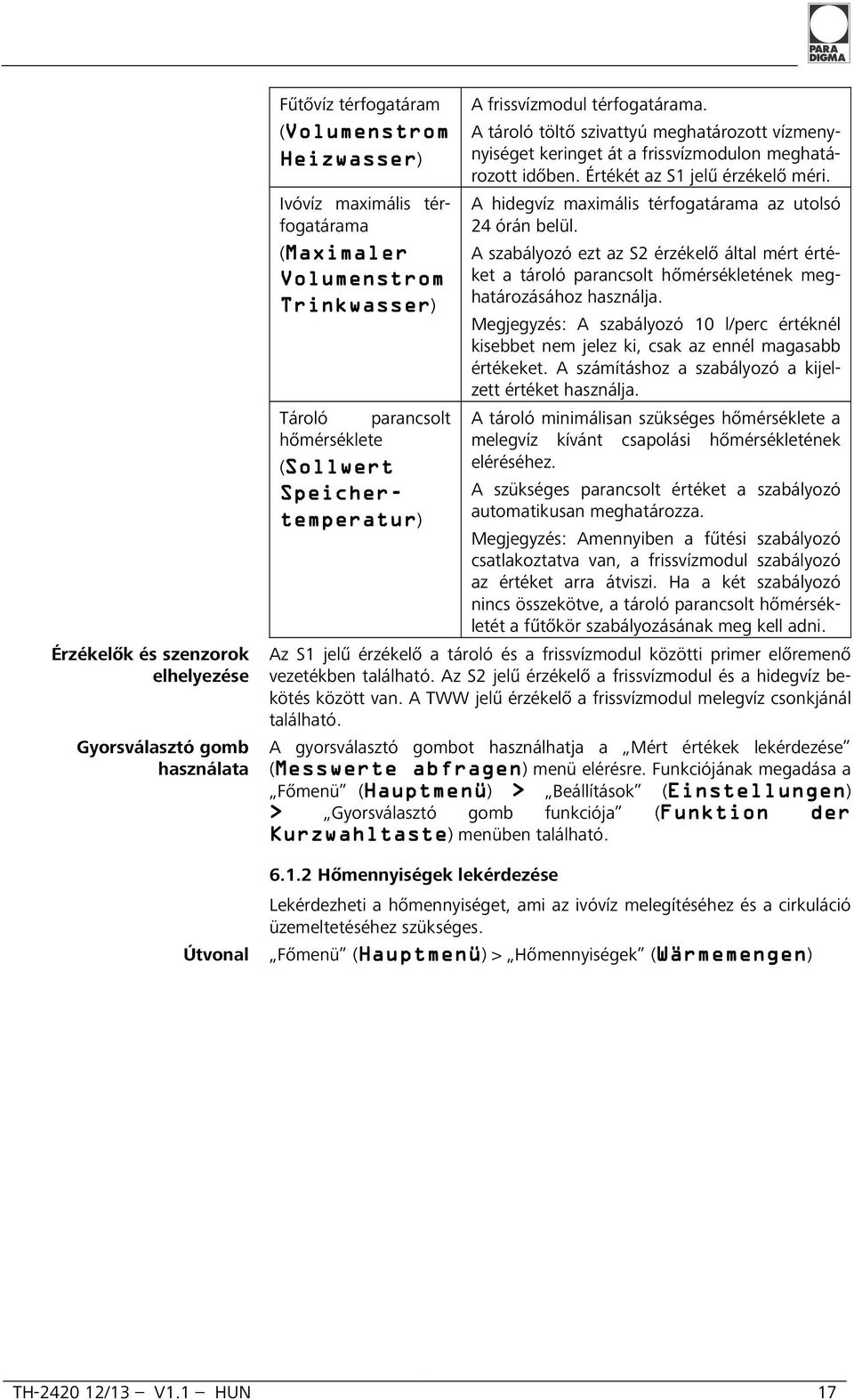 Értékét az S1 jelű érzékelő méri. A hidegvíz maximális térfogatárama az utolsó 24 órán belül.