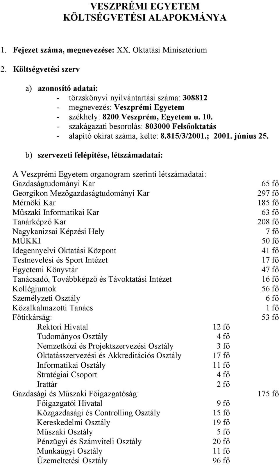 - szakágazati besorolás: 803000 Felsőoktatás - alapító okirat száma, kelte: 8.815/3/2001.; 2001. június 25.