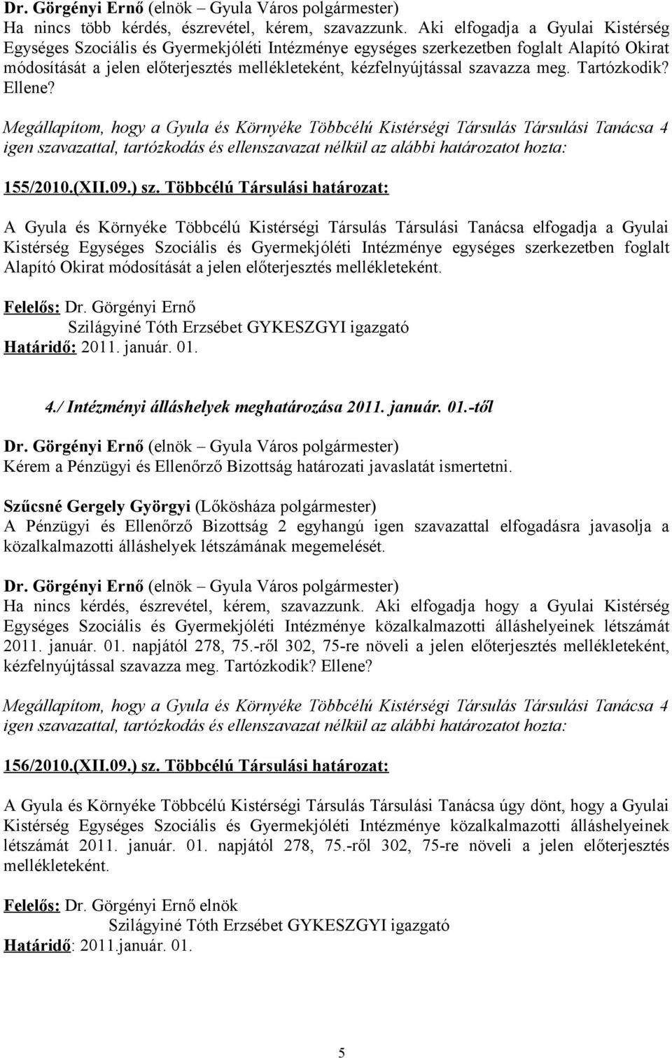 szavazza meg. Tartózkodik? Ellene? 155/2010.(XII.09.) sz.
