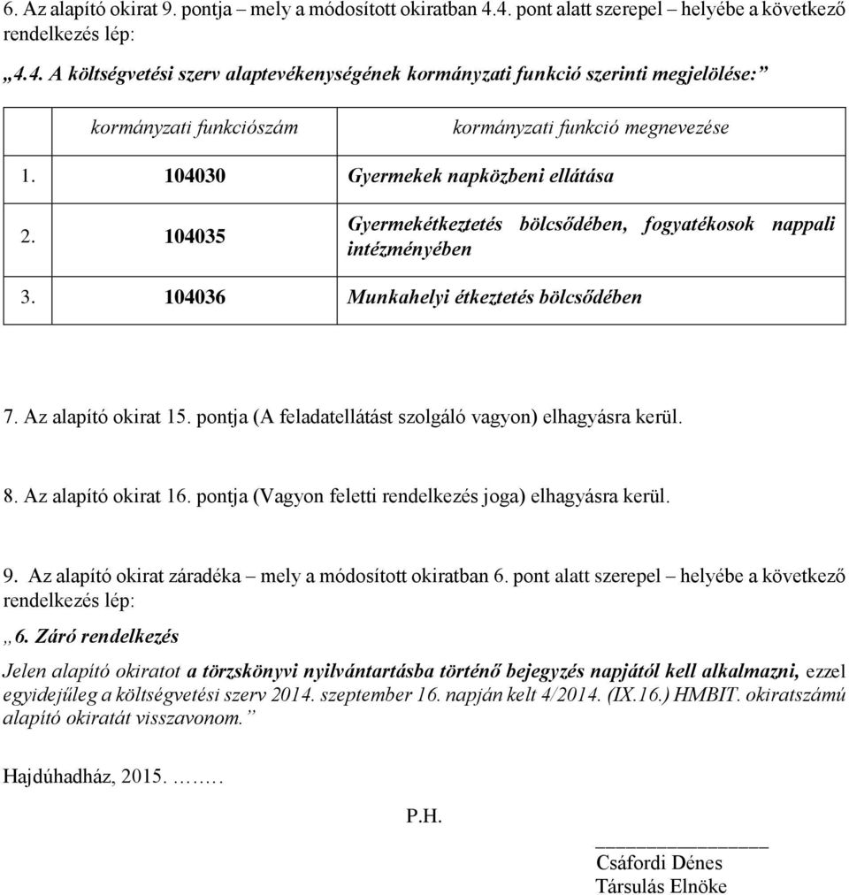 104030 Gyermekek napközbeni ellátása 2. 104035 Gyermekétkeztetés bölcsődében, fogyatékosok nappali intézményében 3. 104036 Munkahelyi étkeztetés bölcsődében 7. Az alapító okirat 15.