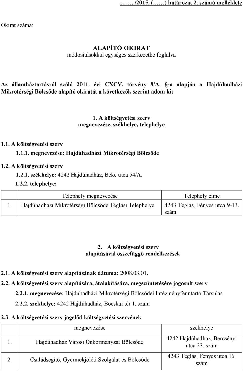 2. A költségvetési szerv 1.2.1. székhelye: 4242 Hajdúhadház, Béke utca 54/A. 1.2.2. telephelye: Telephely megnevezése Telephely címe 1.