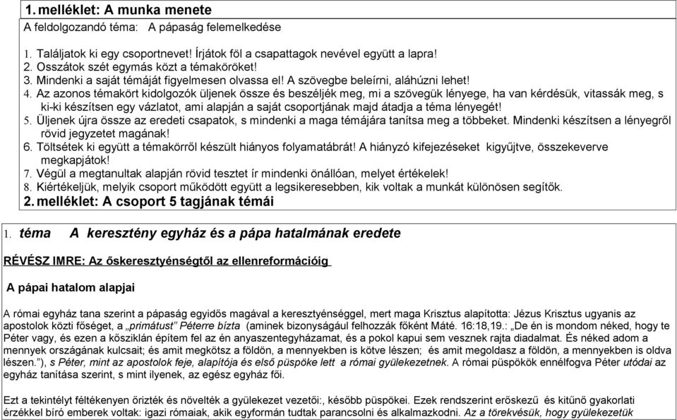 Az azonos témakört kidolgozók üljenek össze és beszéljék meg, mi a szövegük lényege, ha van kérdésük, vitassák meg, s ki-ki készítsen egy vázlatot, ami alapján a saját csoportjának majd átadja a téma
