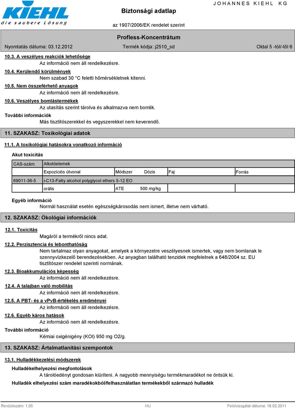 . SZAKASZ: Toxikológiai adatok 11