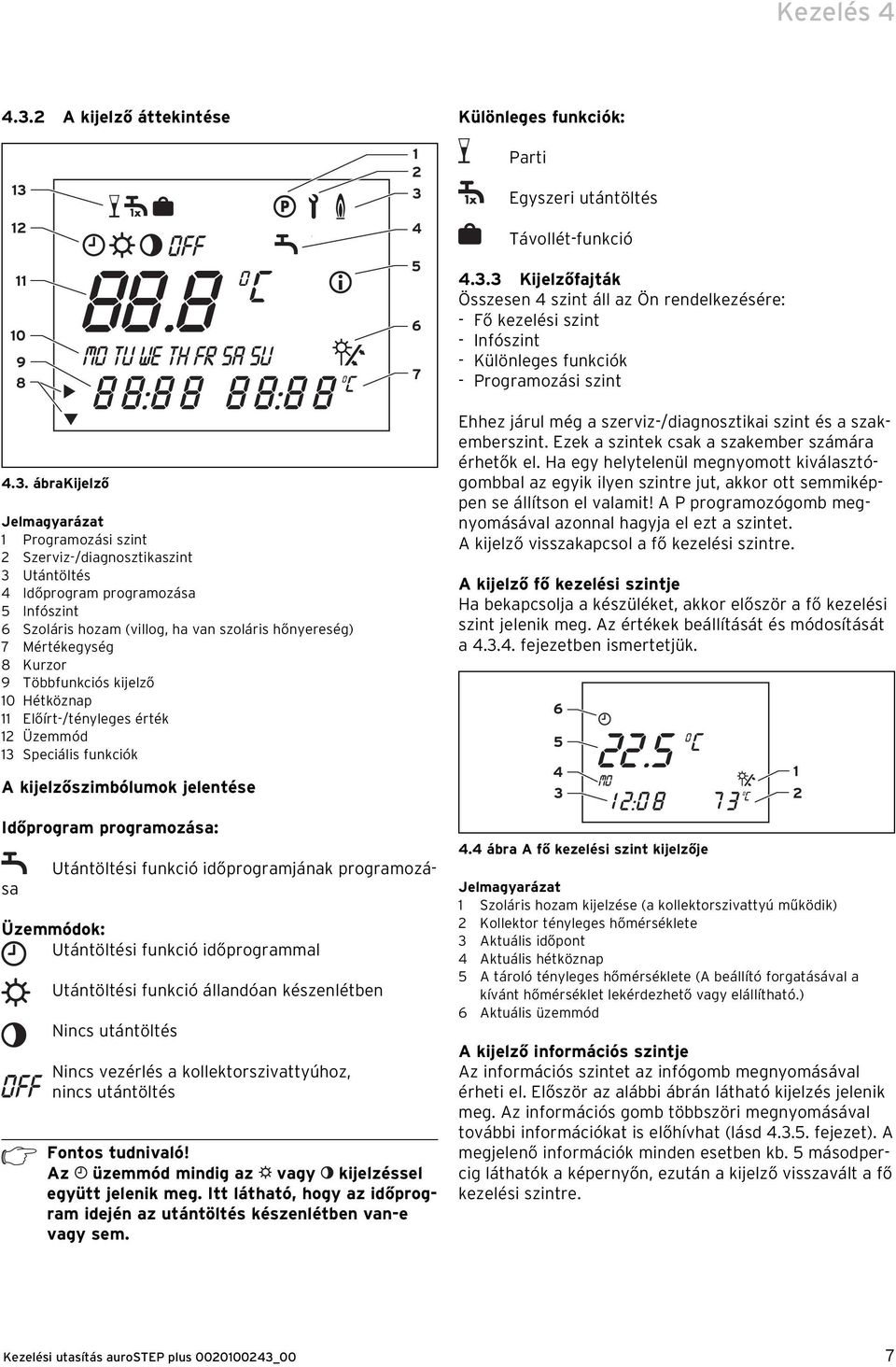 Kurzor 9 Többfunkciós kijelző 10 Hétköznap 11 Előírt-/tényleges érték 12 Üzemmód 13 Speciális funkciók A kijelzőszimbólumok jelentése Eez járul még a szerviz-/diagnosztikai szint és a szakemberszint.