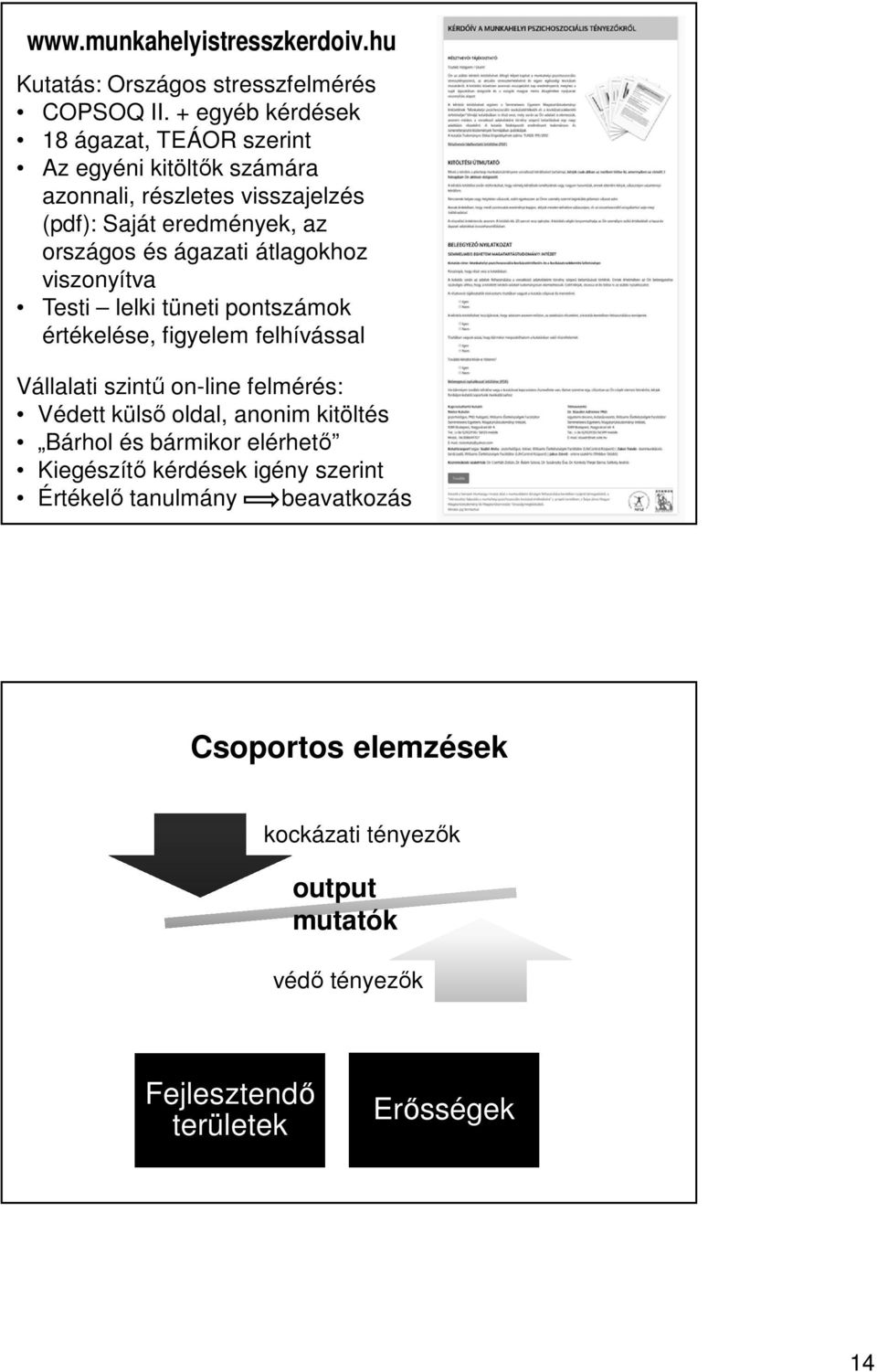 ágazati átlagokhoz viszonyítva Testi lelki tüneti pontszámok értékelése, figyelem felhívással Vállalati szintű on-line felmérés: Védett külső