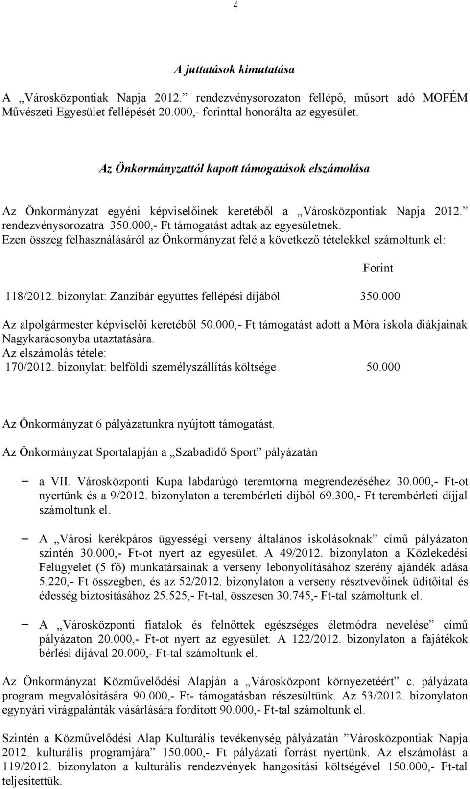 Ezen összeg felhasználásáról az Önkormányzat felé a következő tételekkel számoltunk el: Forint 118/2012. bizonylat: Zanzibár együttes fellépési díjából 350.