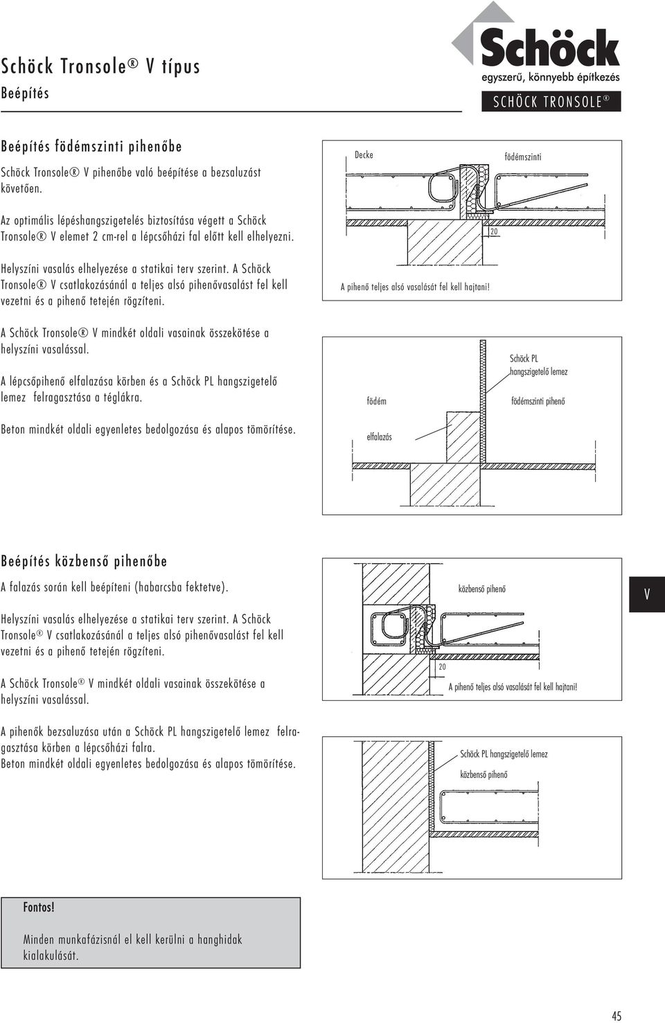 A Schöck Tronsole csatlakozásánál a teljes alsó pihenővasalást fel kell vezetni és a pihenő tetején rögzíteni. A Schöck Tronsole mindkét oldali vasainak összekötése a helyszíni vasalással.