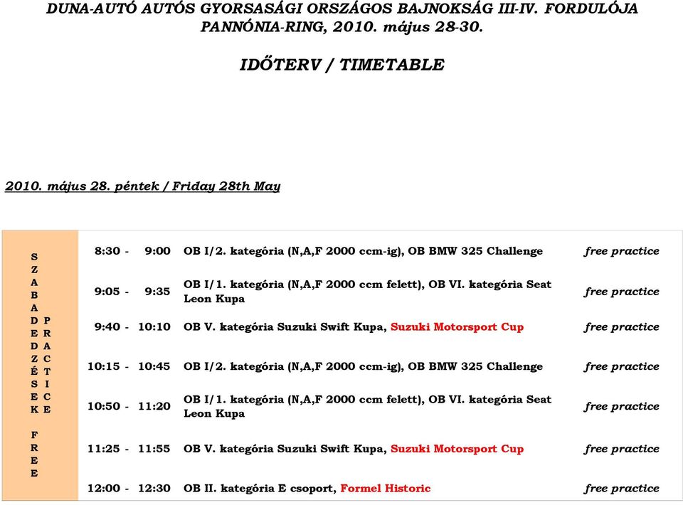 kategória uzuki wift Kupa, uzuki Motorsport up free practice 10:15-10:45 OB /2. kategória (N,,F 2000 ccm-ig), OB BMW 325 hallenge free practice 10:50-11:20 OB /1.