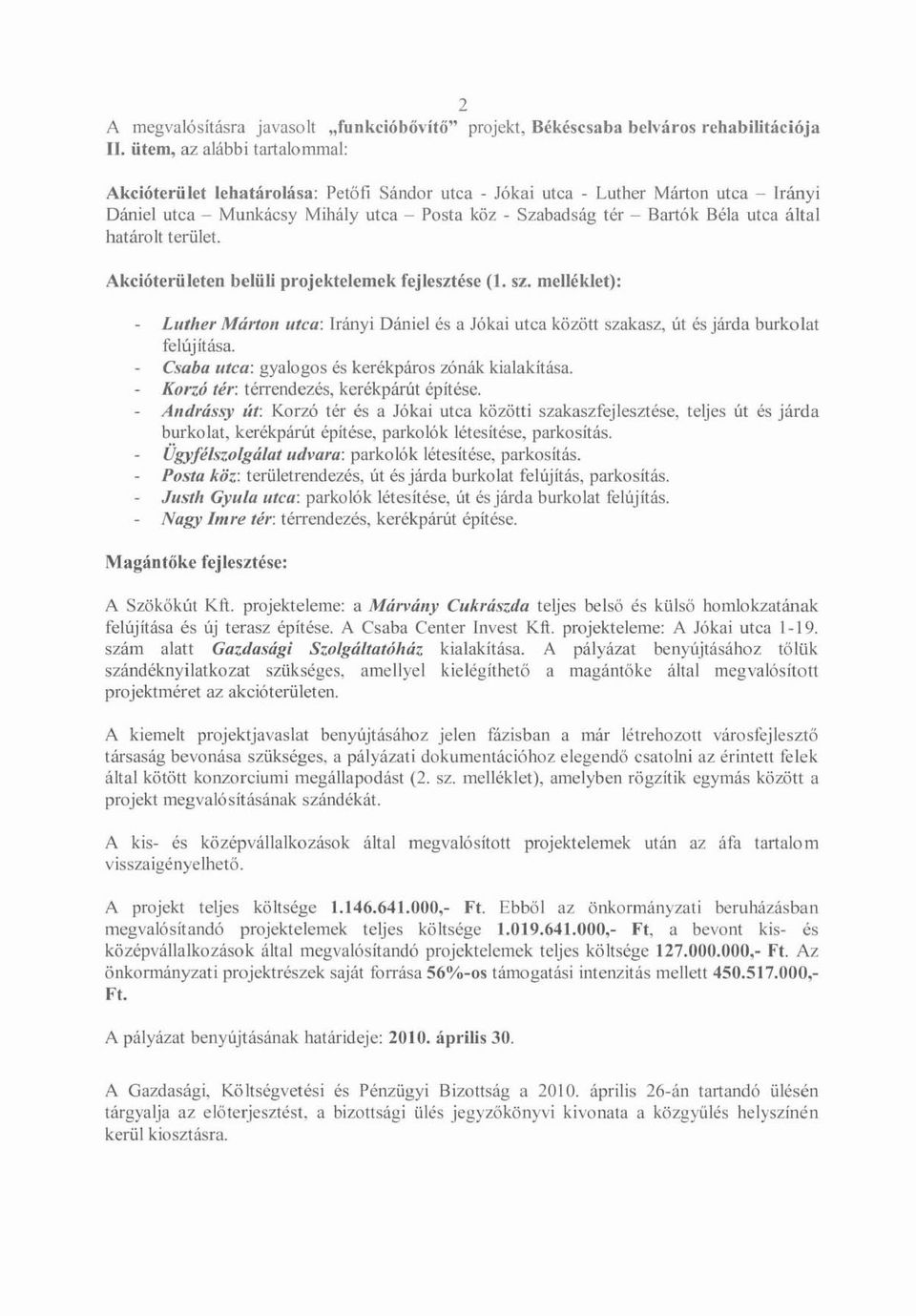 által határolt terület. Akcióterületen belüli projektelemek fejlesztése (I. sz. melléklet): Luther MártolI utca: Irányi Dániel és a Jókai utca között szakasz, út és járda burkolat felújítása.