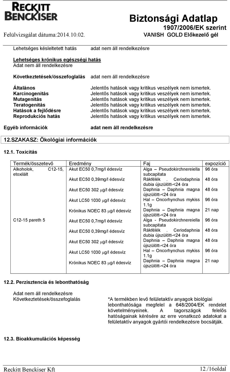 SZAKASZ: Ökológiai információk 12