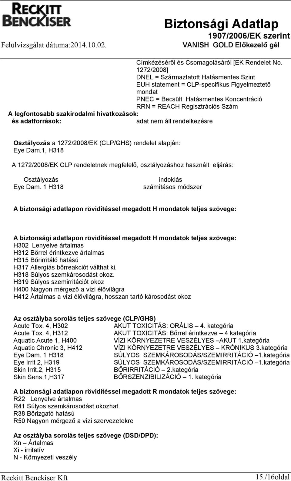 szakirodalmi hivatkozások: és adatforrások: Osztályozás a 1272/2008/EK (CLP/GHS) rendelet alapján: Eye Dam.